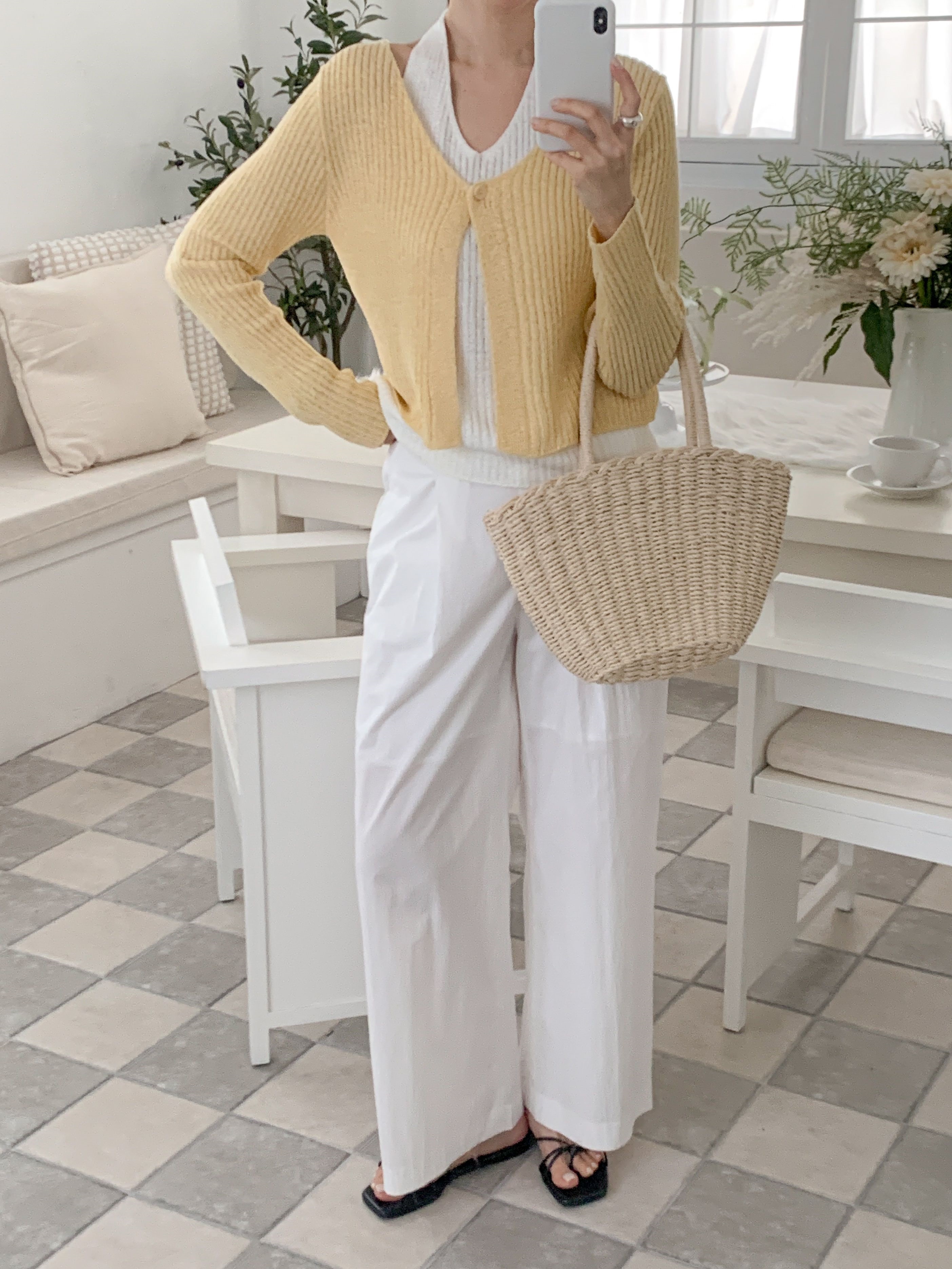 ラウンドネックホルターネッククロップドレイヤード風長袖ワンボタン無地ニット | 詳細画像14