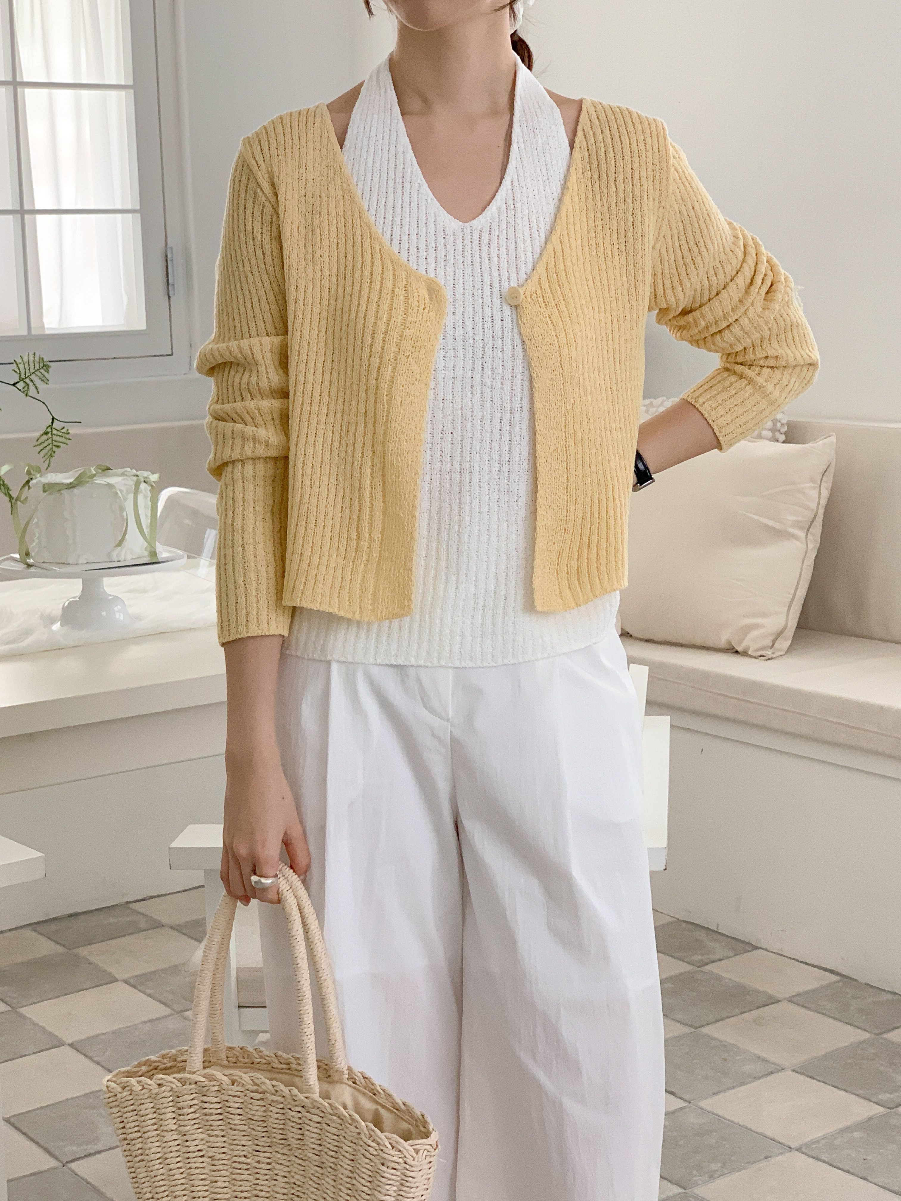 ラウンドネックホルターネッククロップドレイヤード風長袖ワンボタン無地ニット | 詳細画像18