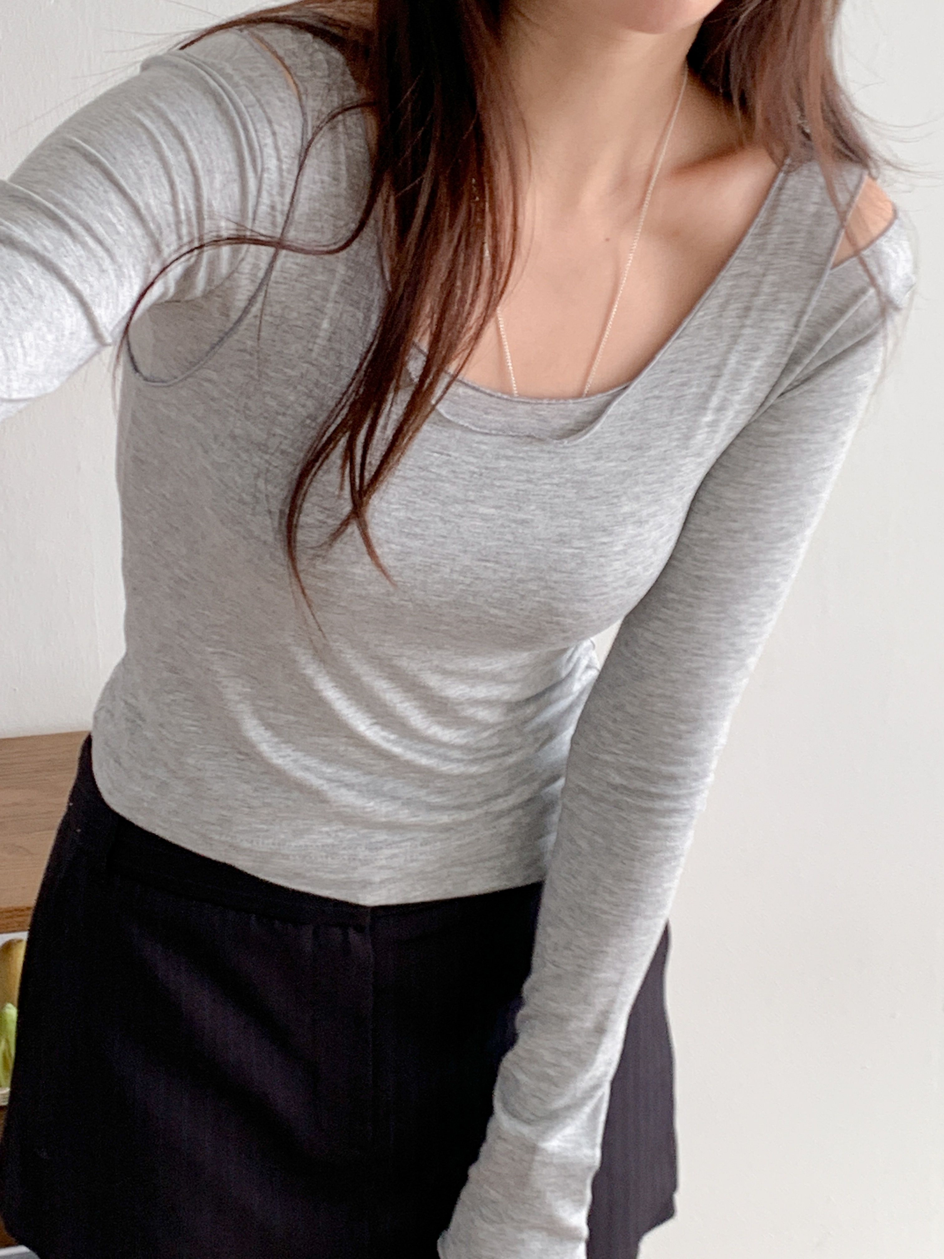 Uネックスリムアンバランス長袖無地Tシャツノースリーブセット | 詳細画像9