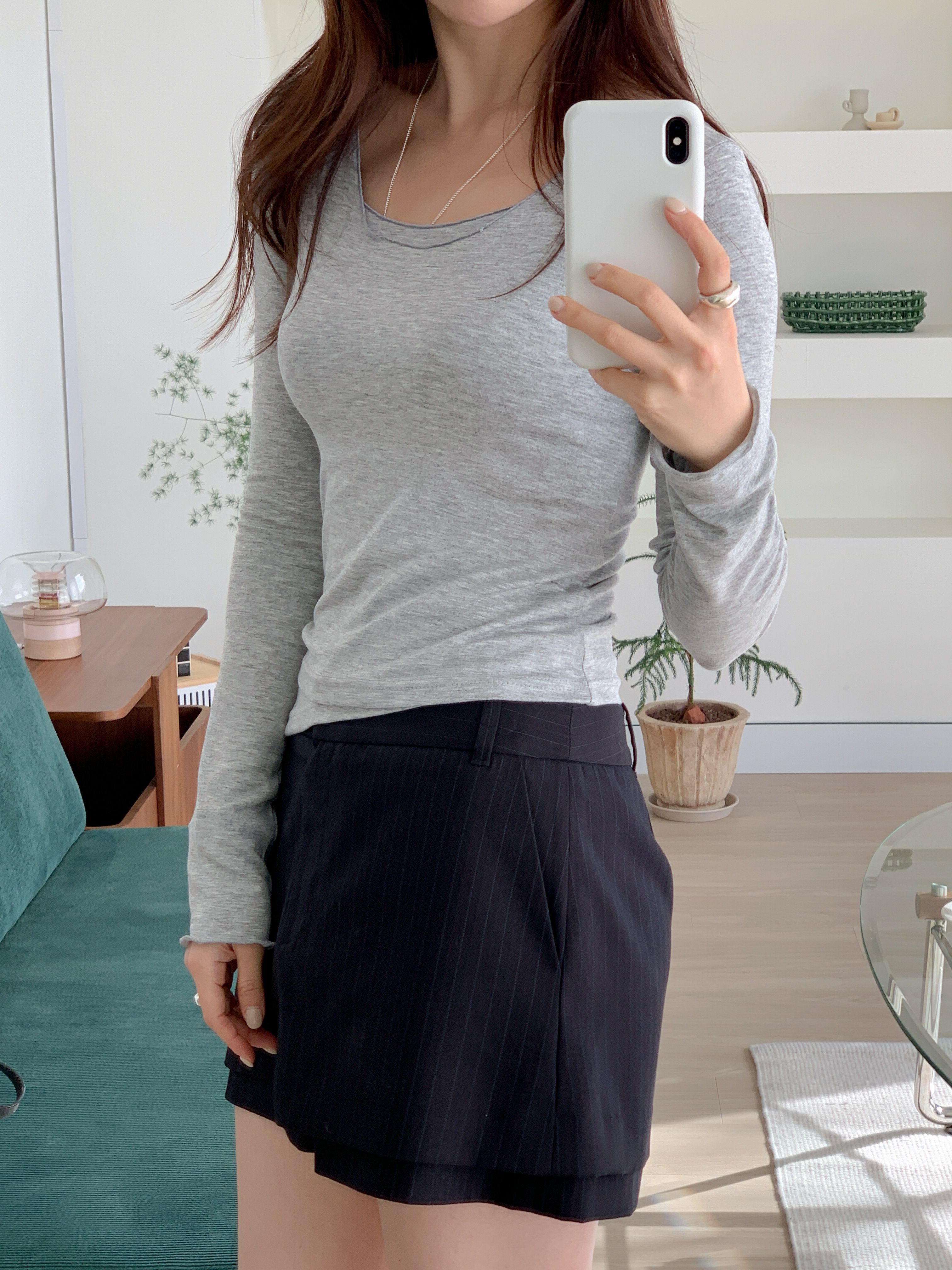 Uネックスリムアンバランス長袖無地Tシャツノースリーブセット | 詳細画像15