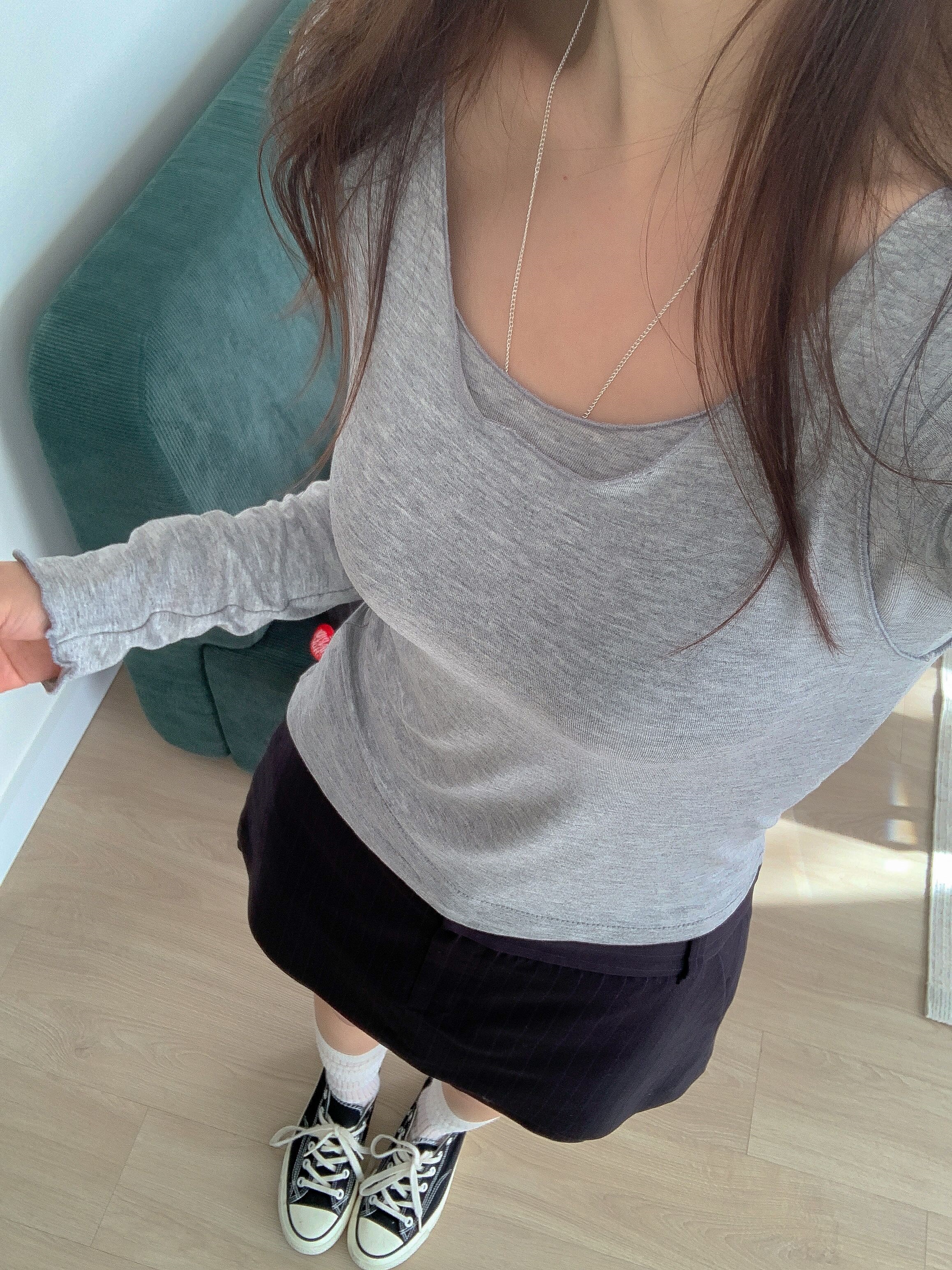 Uネックスリムアンバランス長袖無地Tシャツノースリーブセット | 詳細画像17