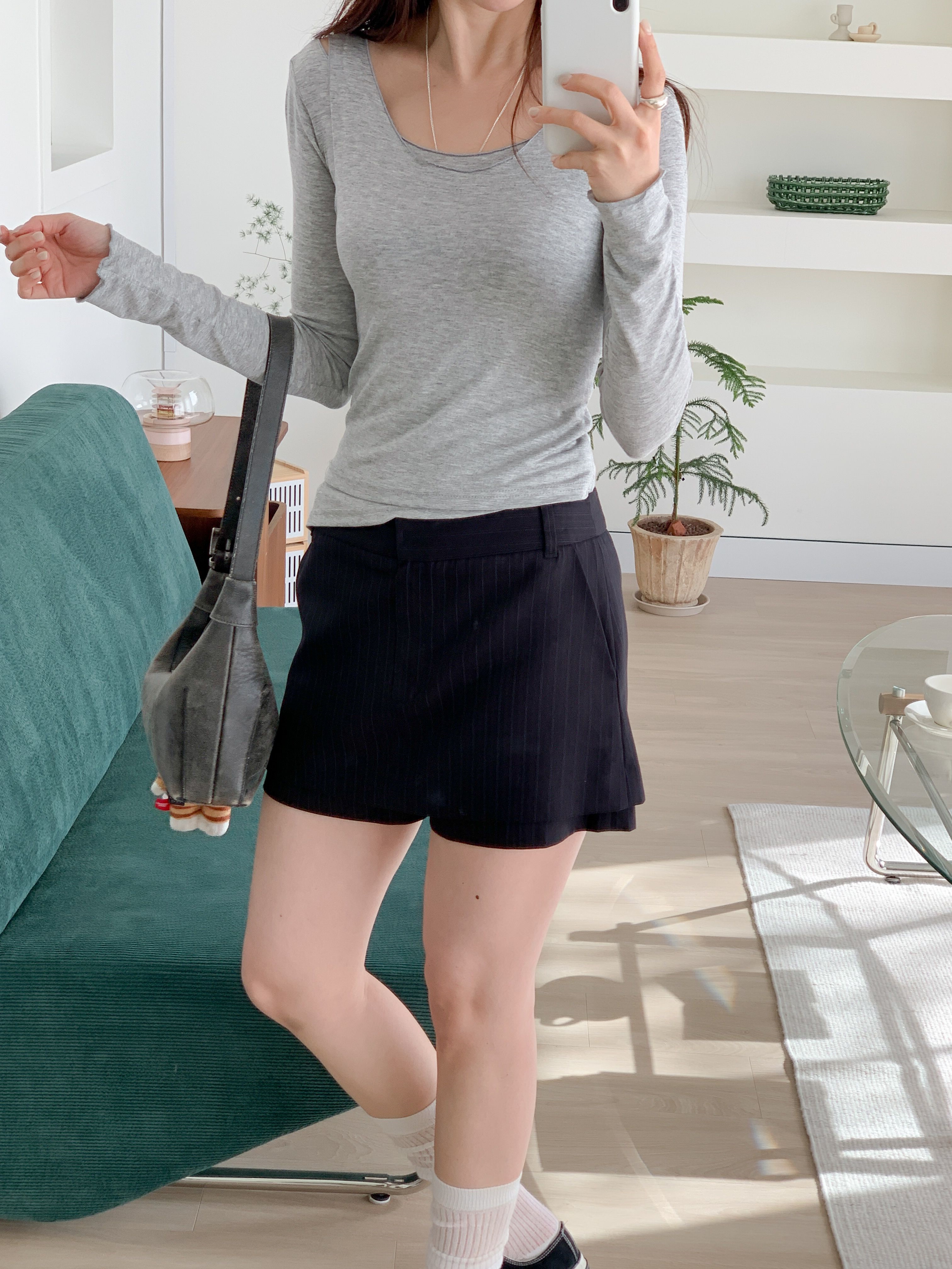 Uネックスリムアンバランス長袖無地Tシャツノースリーブセット | 詳細画像18