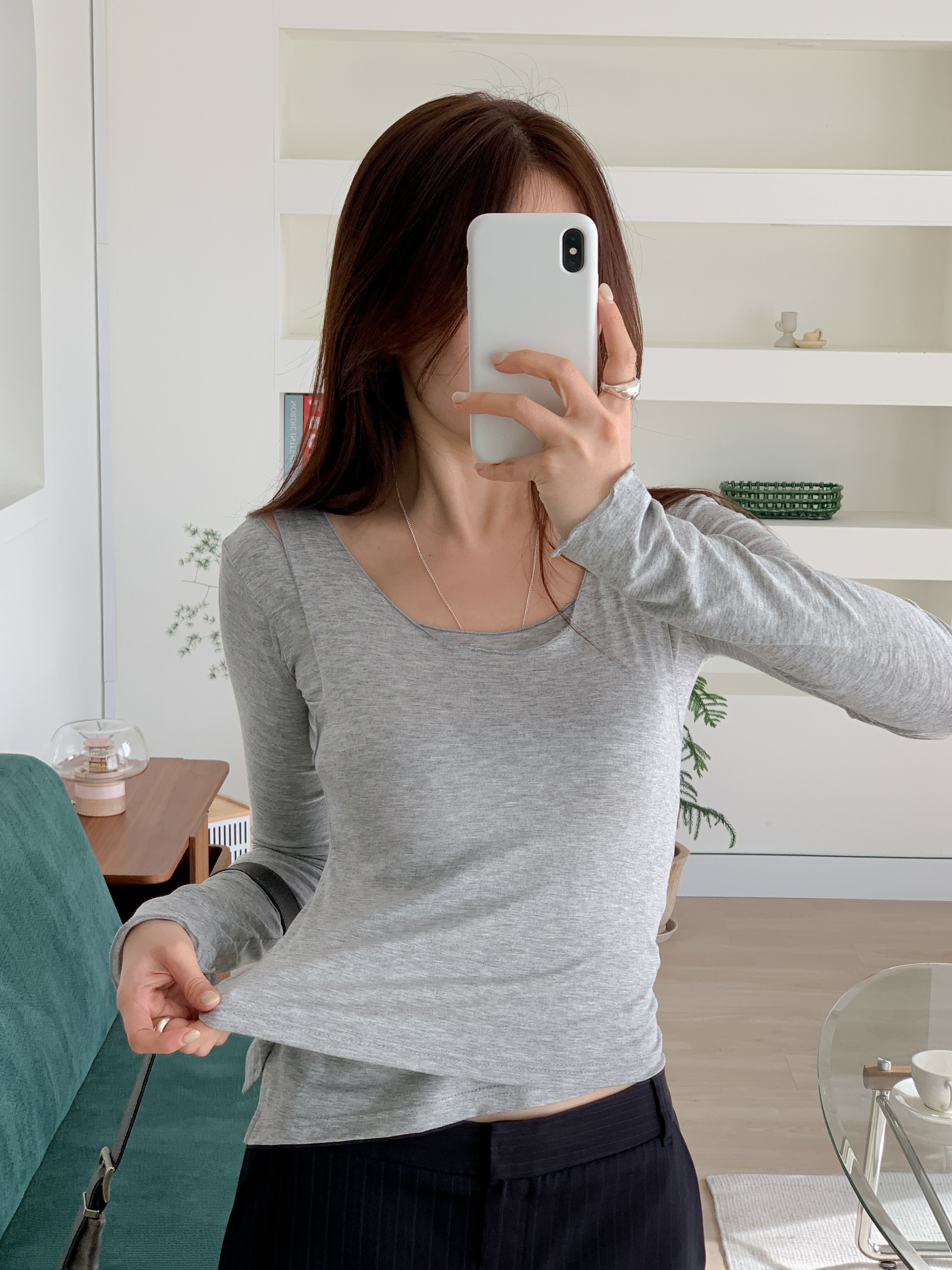 Uネックスリムアンバランス長袖無地Tシャツノースリーブセット | 詳細画像19