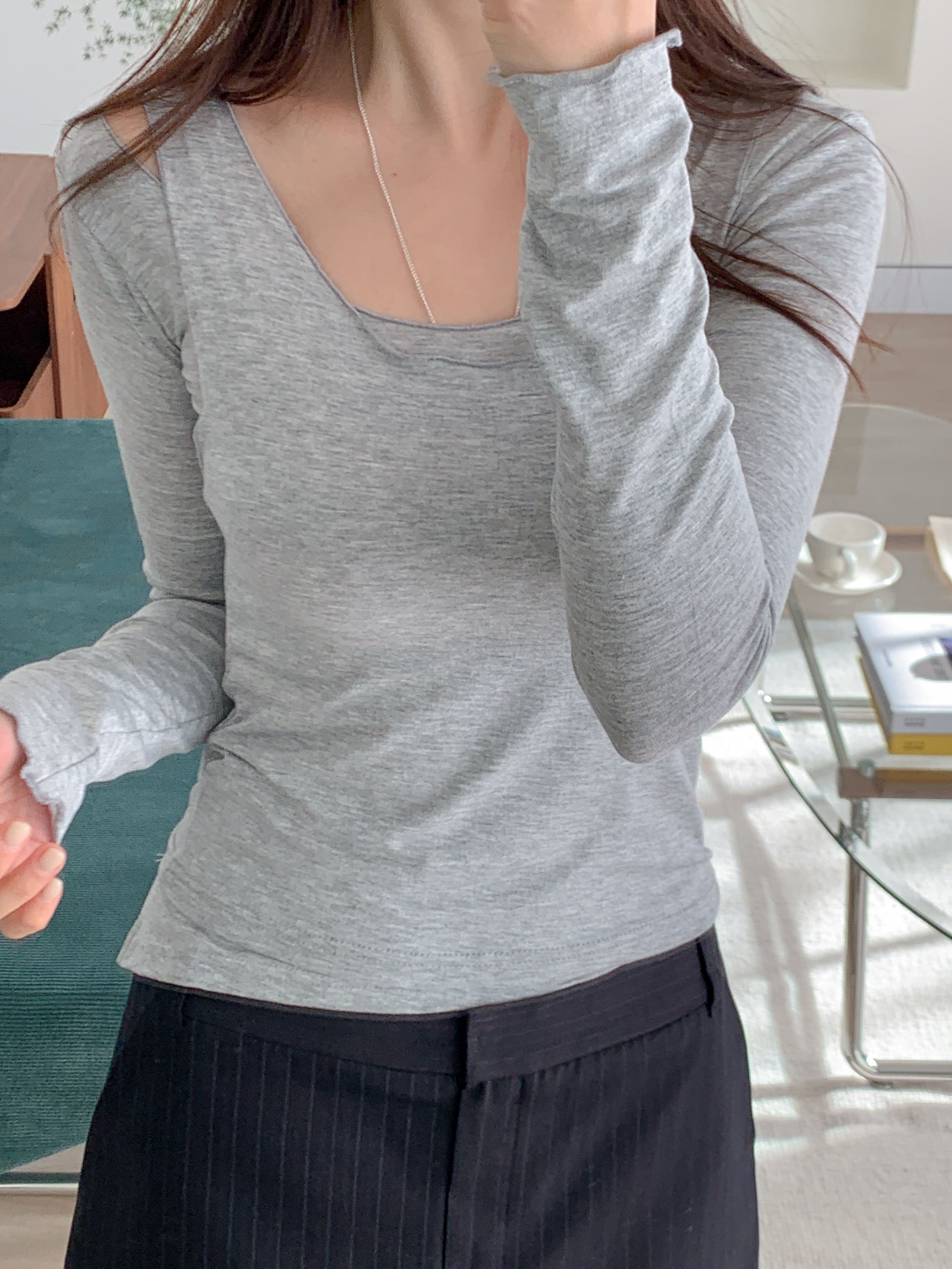 Uネックスリムアンバランス長袖無地Tシャツノースリーブセット | 詳細画像20