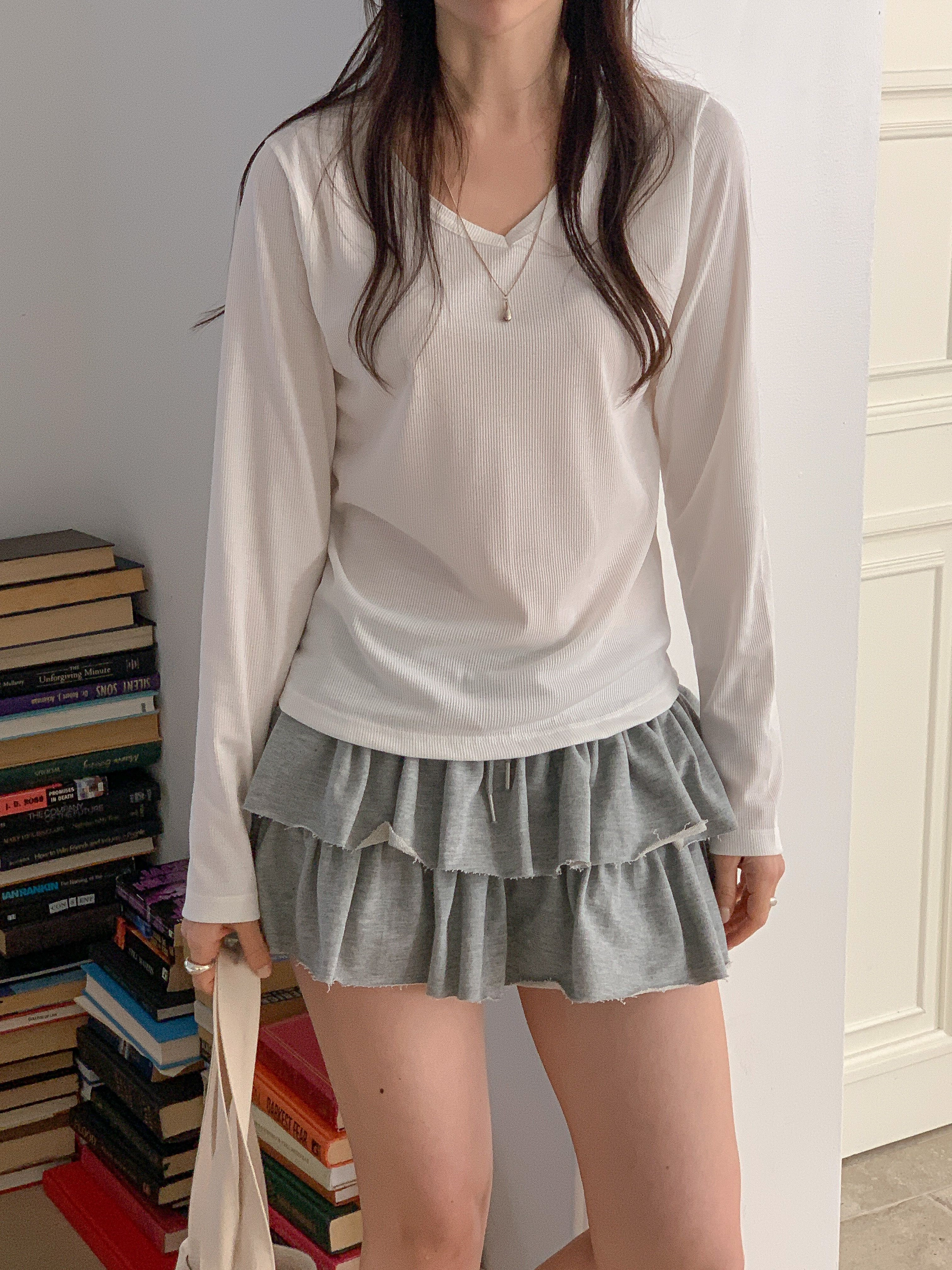 リブVネックルーズ長袖無地Tシャツ | 詳細画像3