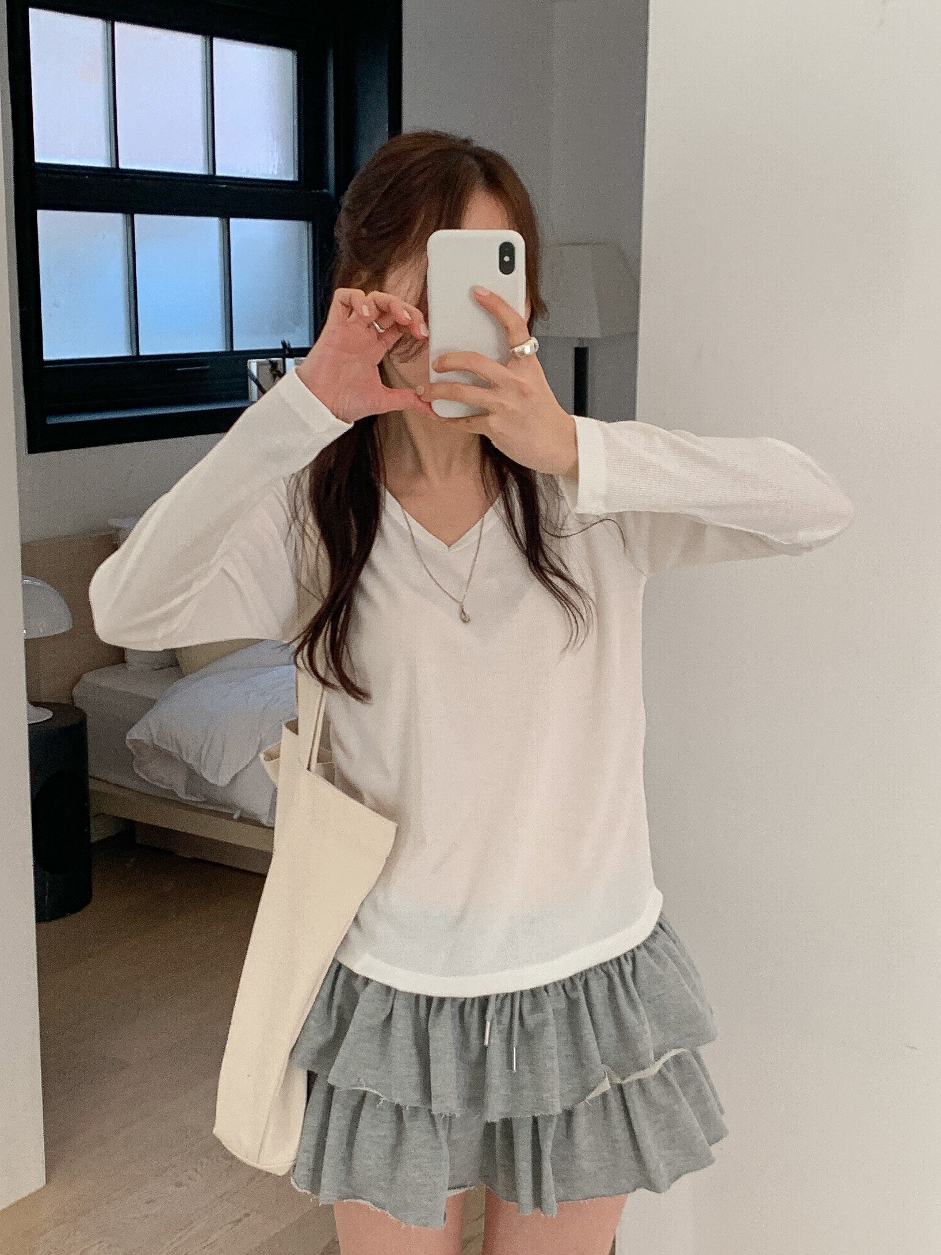 リブVネックルーズ長袖無地Tシャツ | 詳細画像4