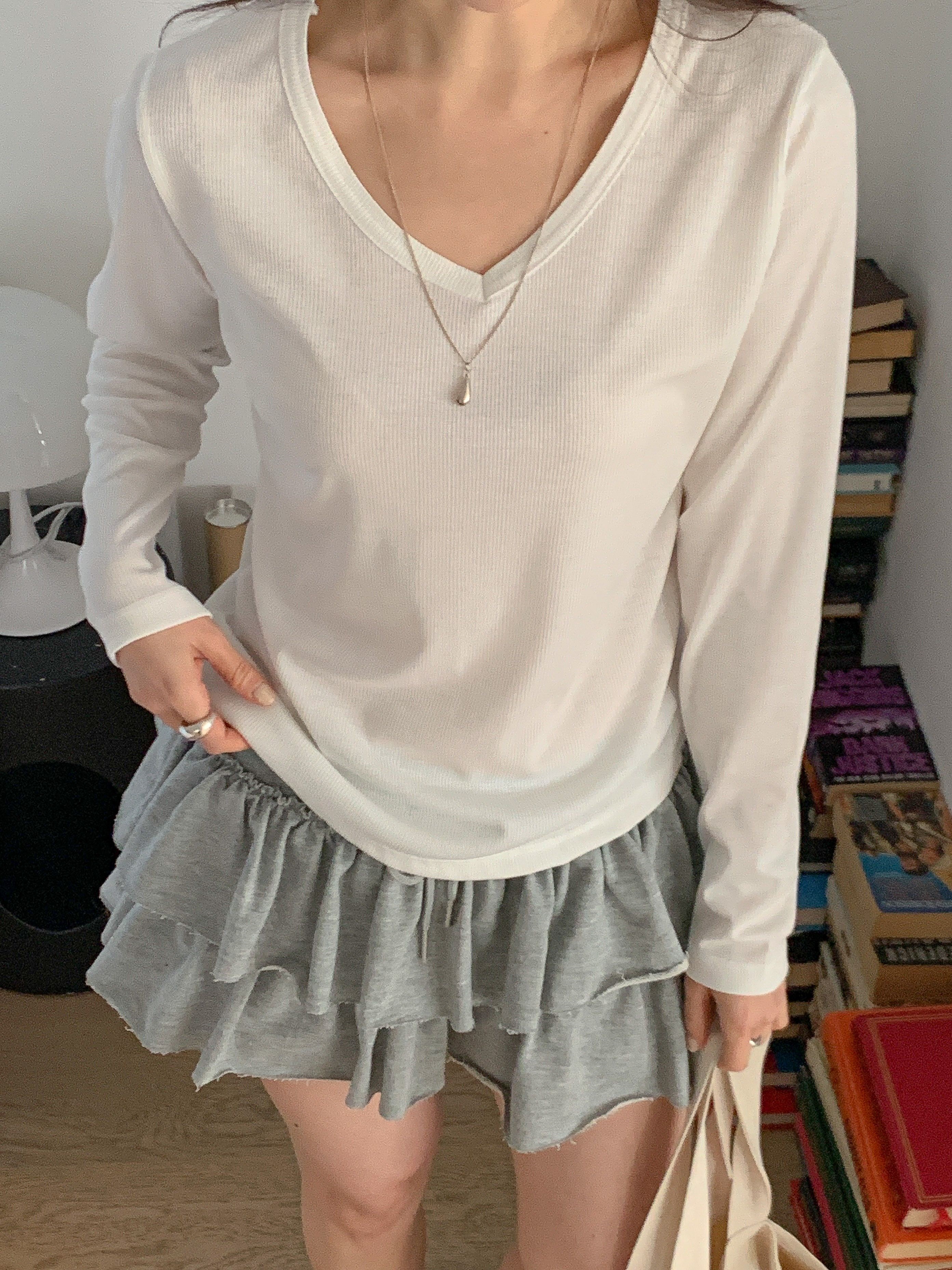 リブVネックルーズ長袖無地Tシャツ | 詳細画像5