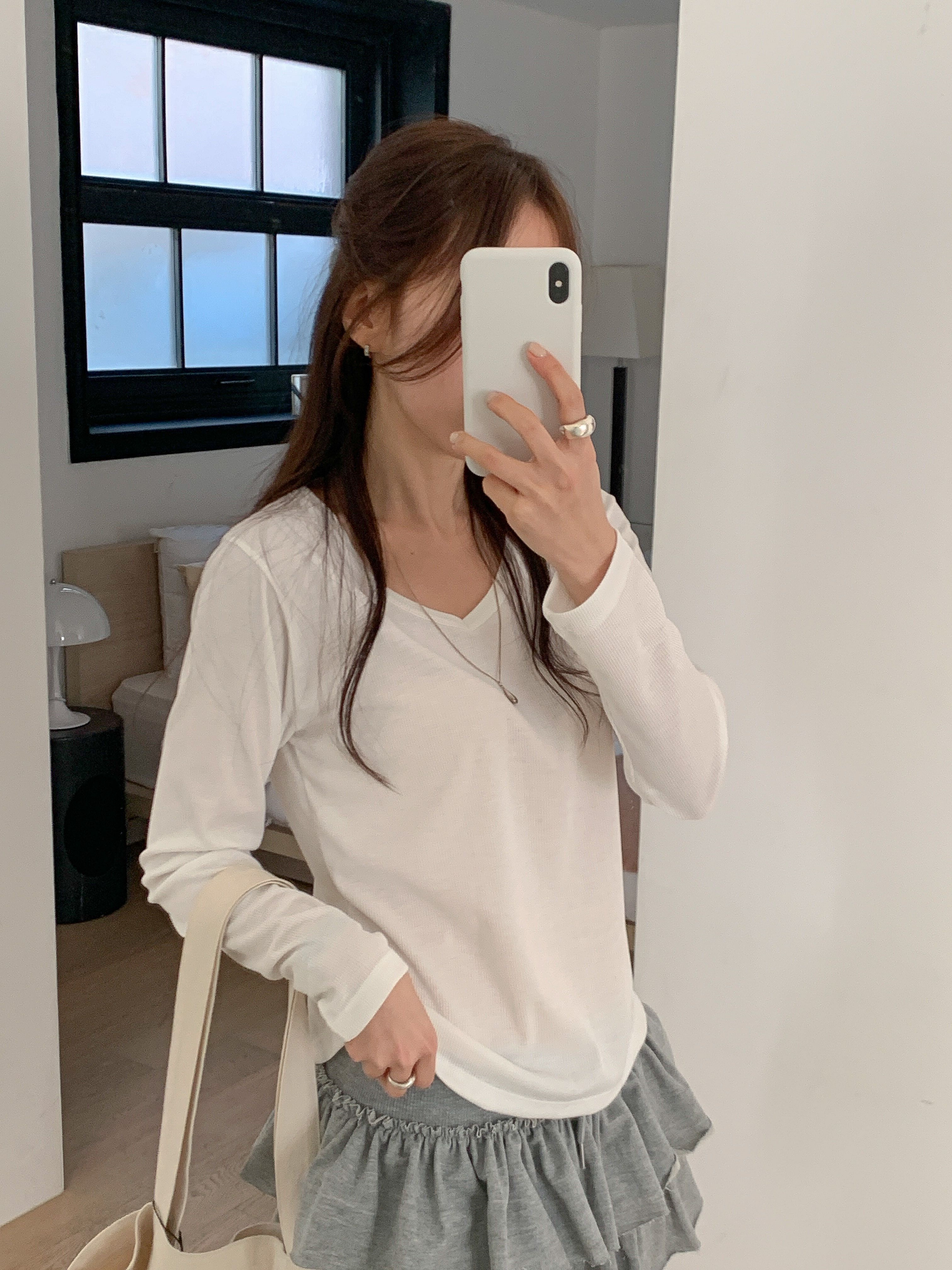 リブVネックルーズ長袖無地Tシャツ | 詳細画像9