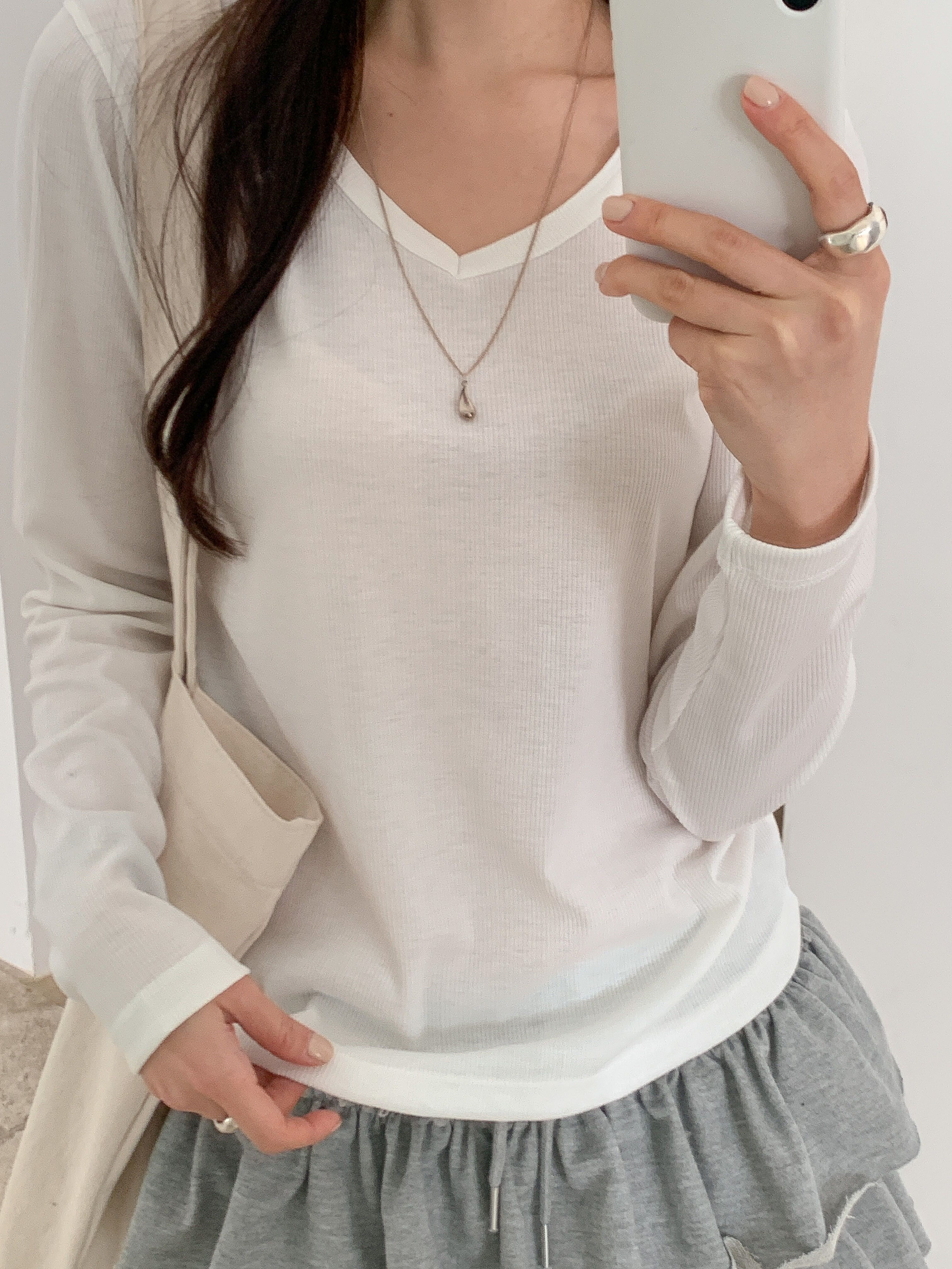 リブVネックルーズ長袖無地Tシャツ | 詳細画像11