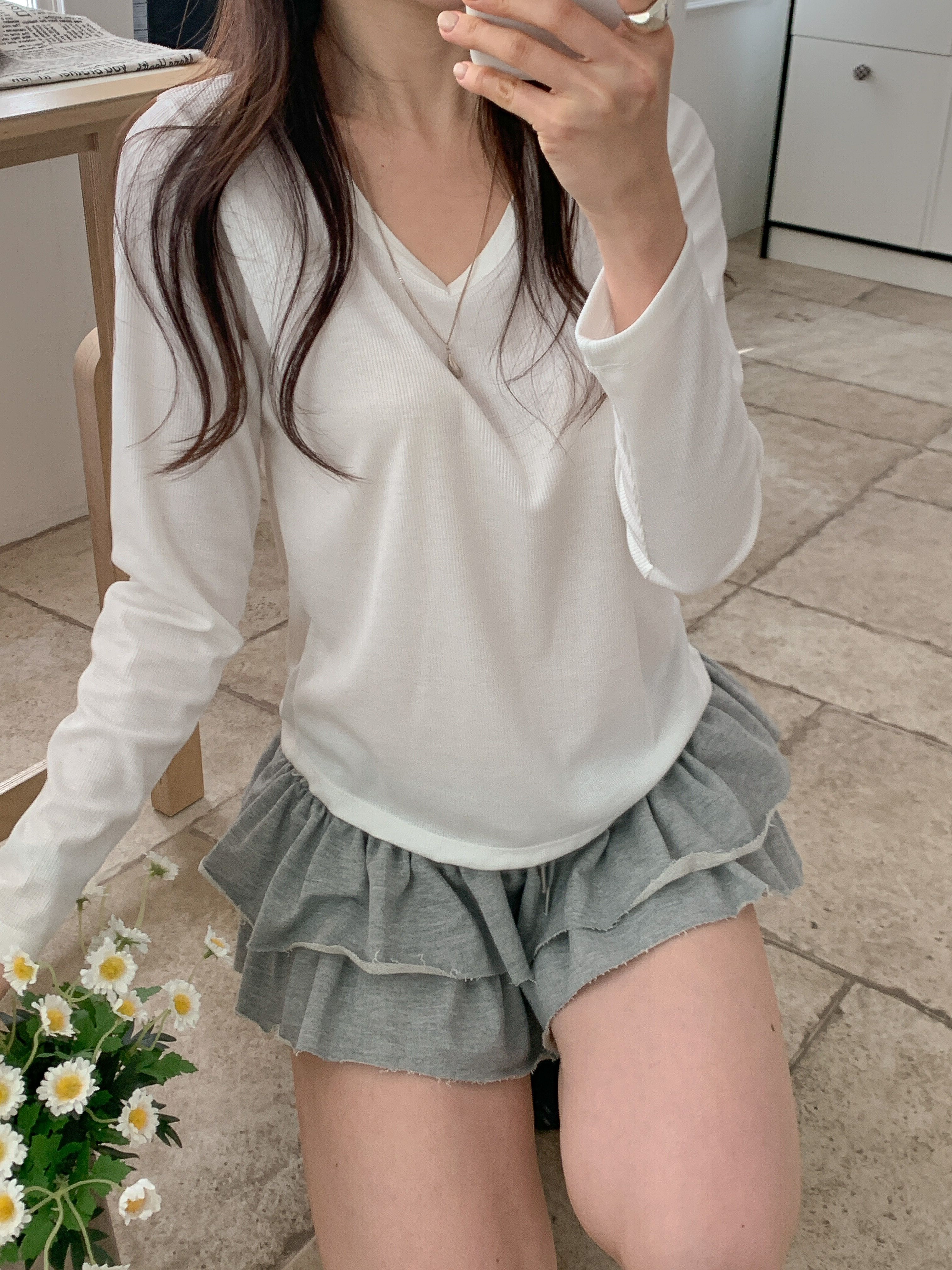 リブVネックルーズ長袖無地Tシャツ | 詳細画像14