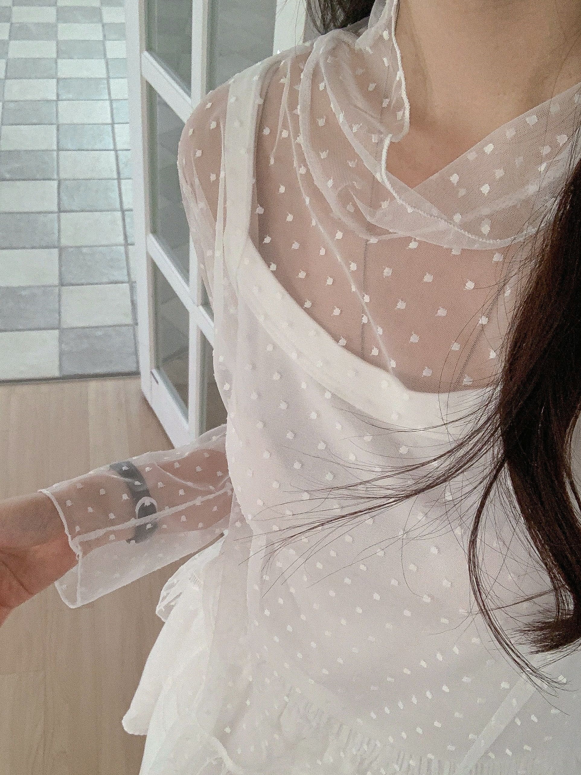 レースシースルータートルネックルーズ長袖ギャザーフレアドットTシャツ | 詳細画像9