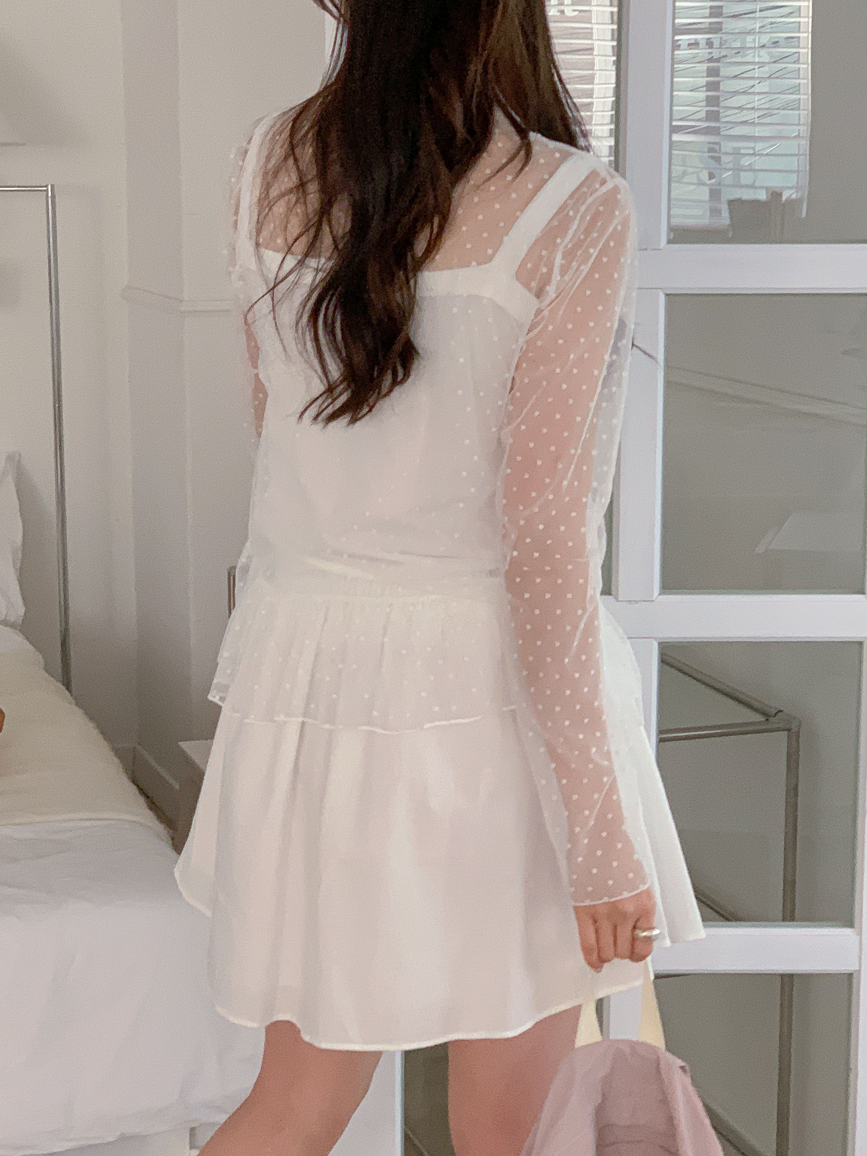 レースシースルータートルネックルーズ長袖ギャザーフレアドットTシャツ | 詳細画像12