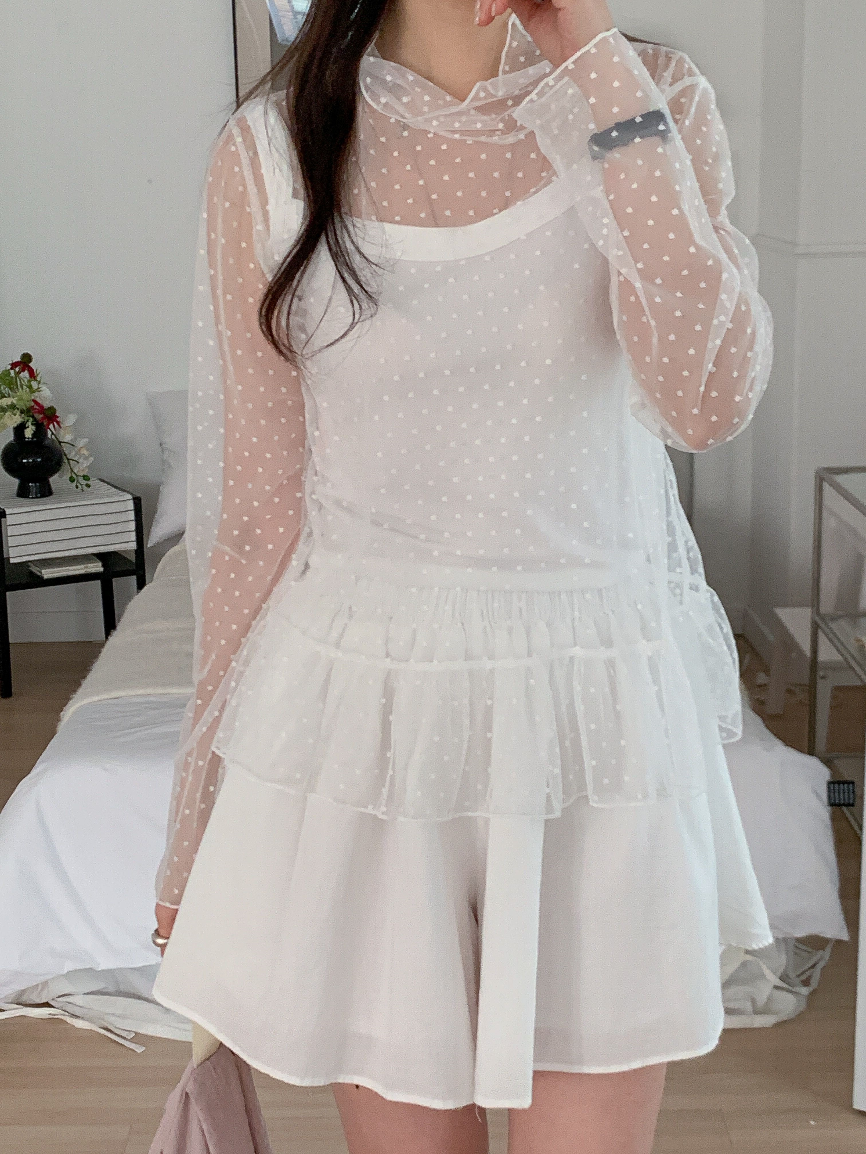 レースシースルータートルネックルーズ長袖ギャザーフレアドットTシャツ | 詳細画像16