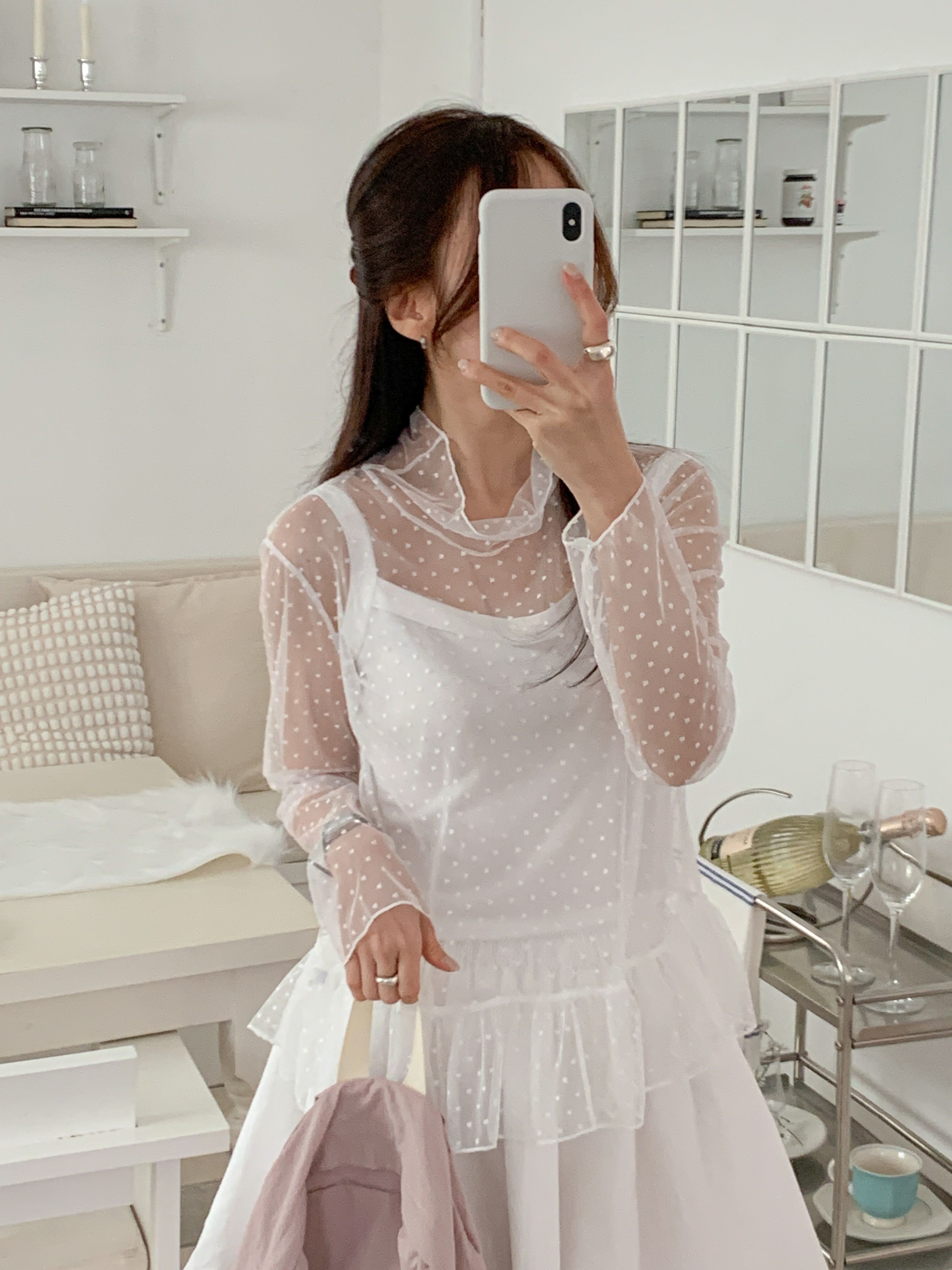 レースシースルータートルネックルーズ長袖ギャザーフレアドットTシャツ | 詳細画像18