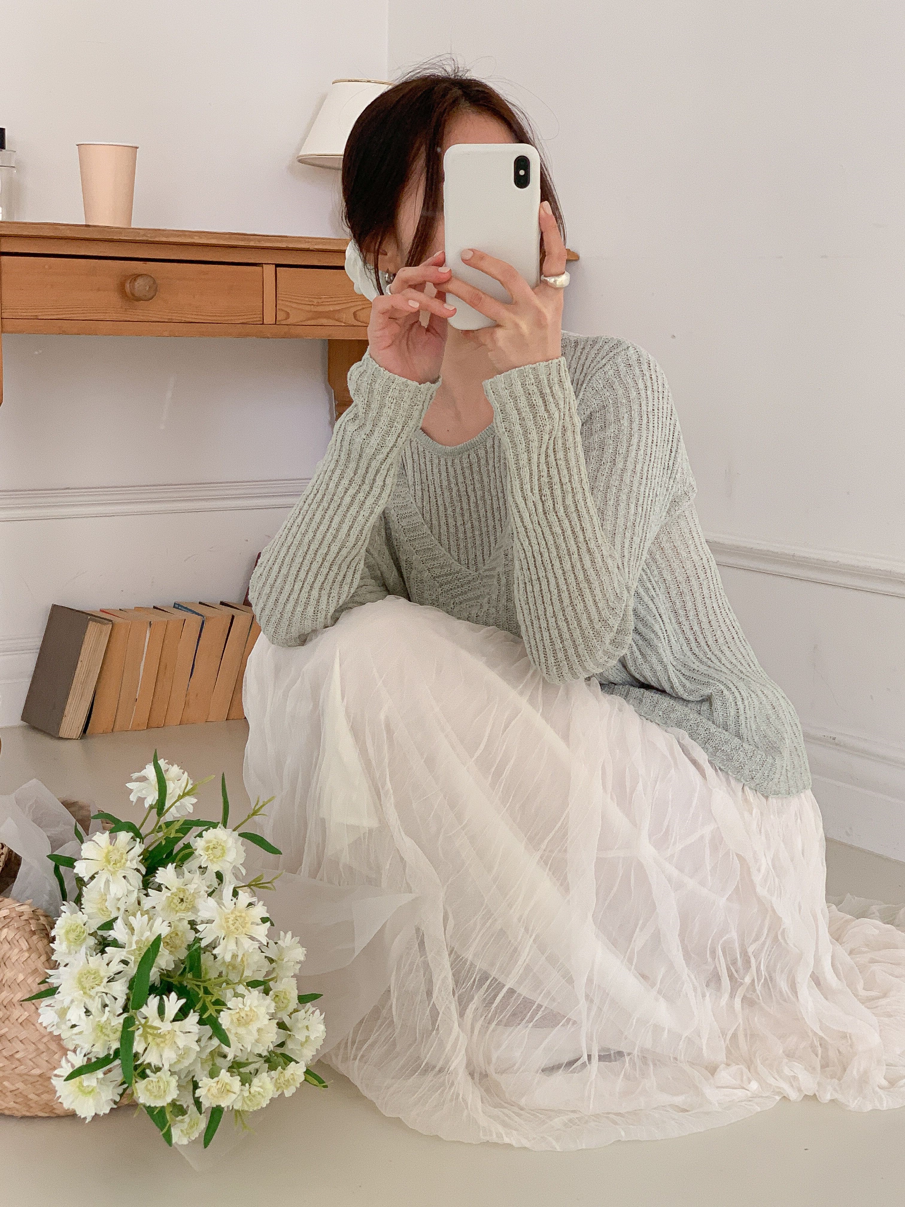 ラウンドネックルーズ長袖ハーフ無地ニット | 詳細画像9