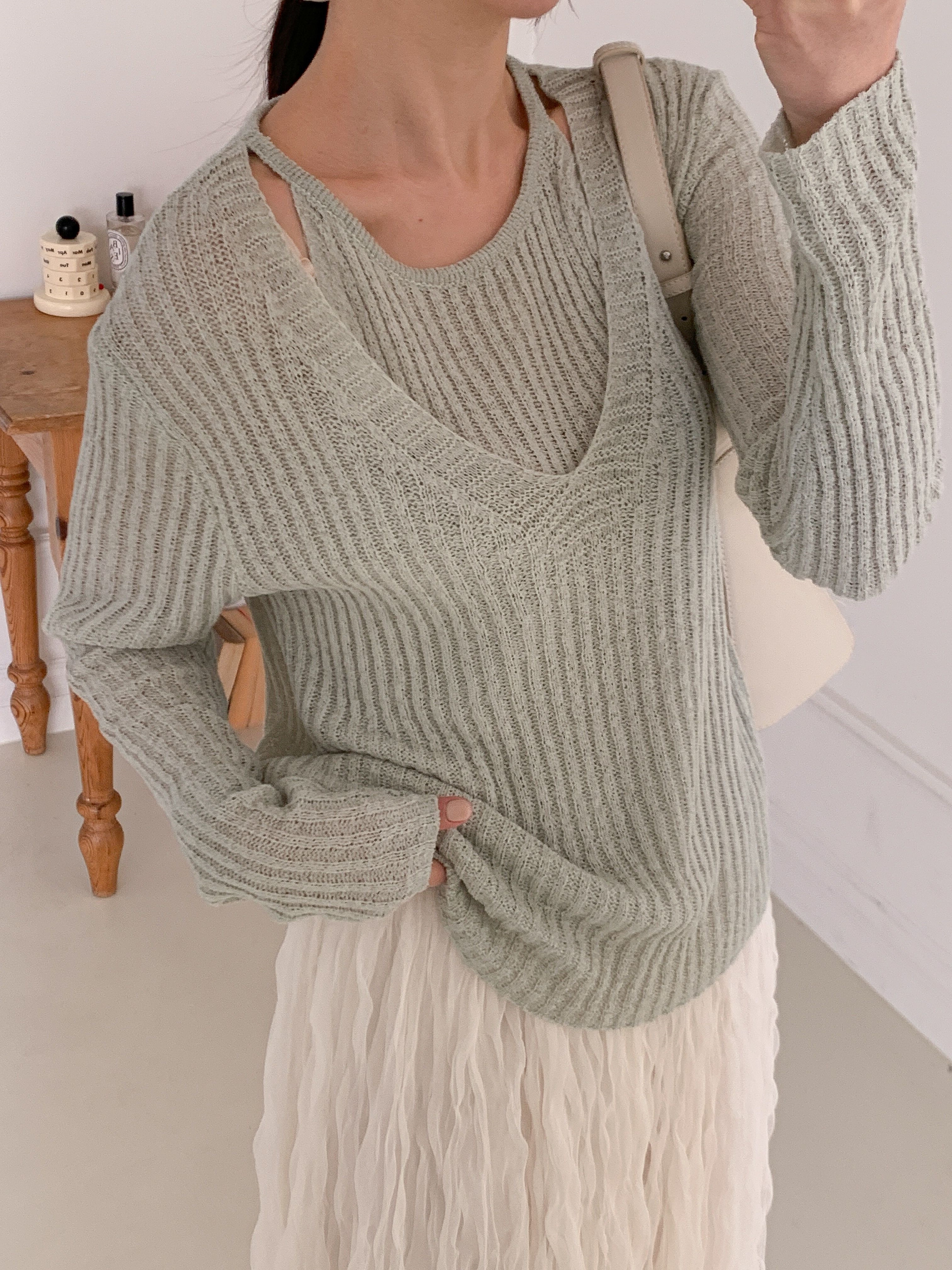 ラウンドネックルーズ長袖ハーフ無地ニット | 詳細画像14