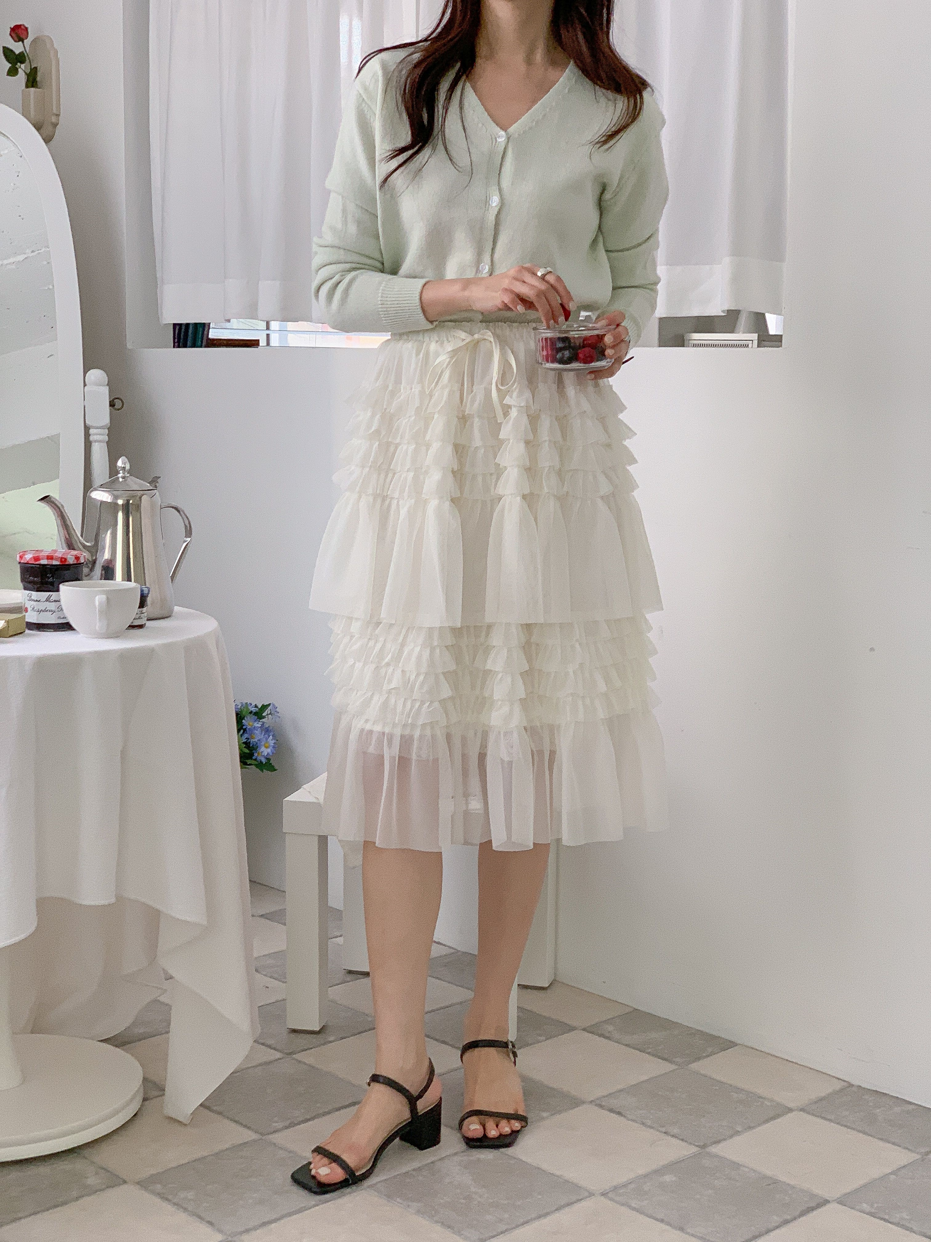 ドローストリングフリルティアードウエストゴムミディAライン無地スカート | 詳細画像14