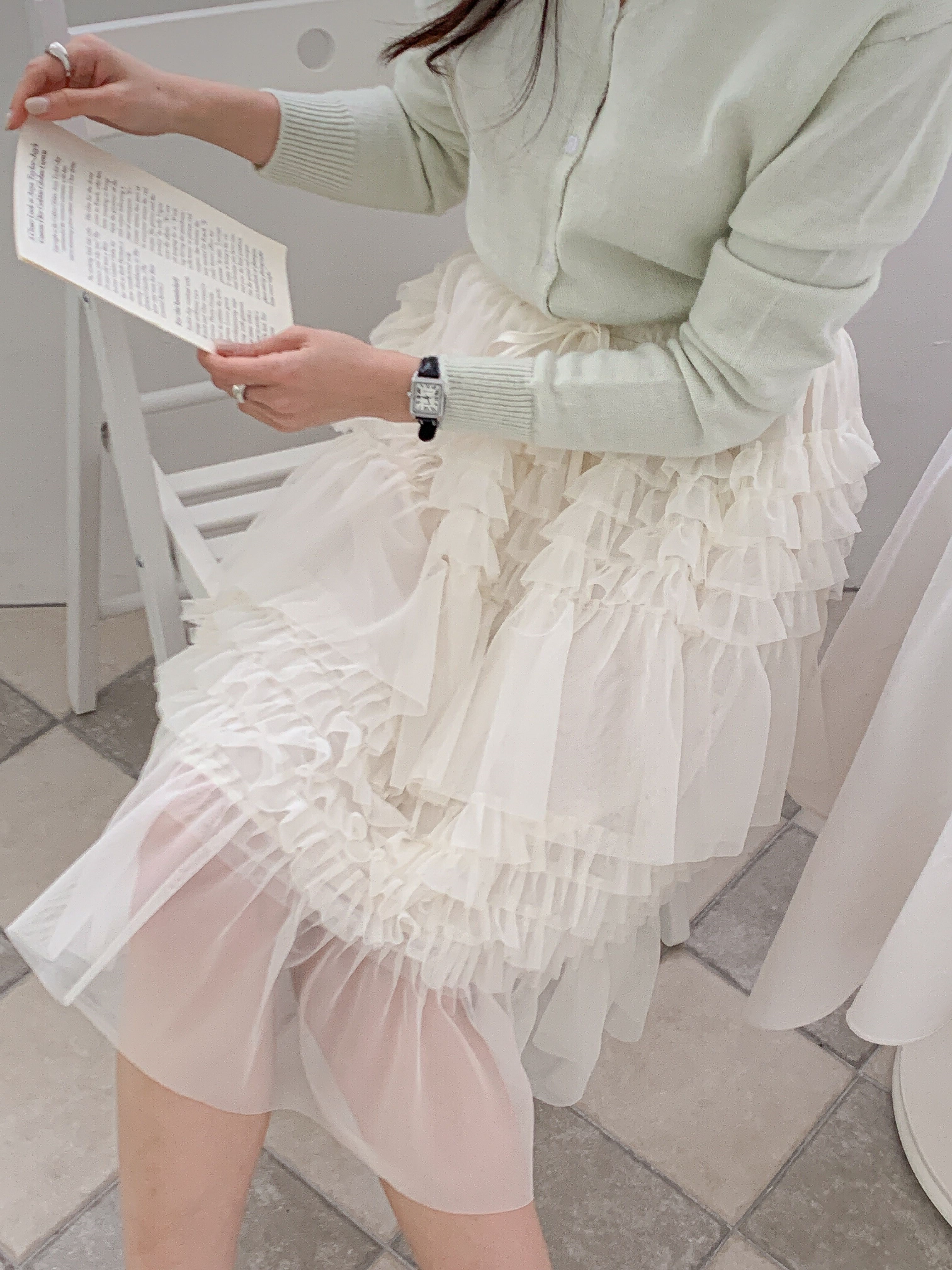 ドローストリングフリルティアードウエストゴムミディAライン無地スカート | 詳細画像15