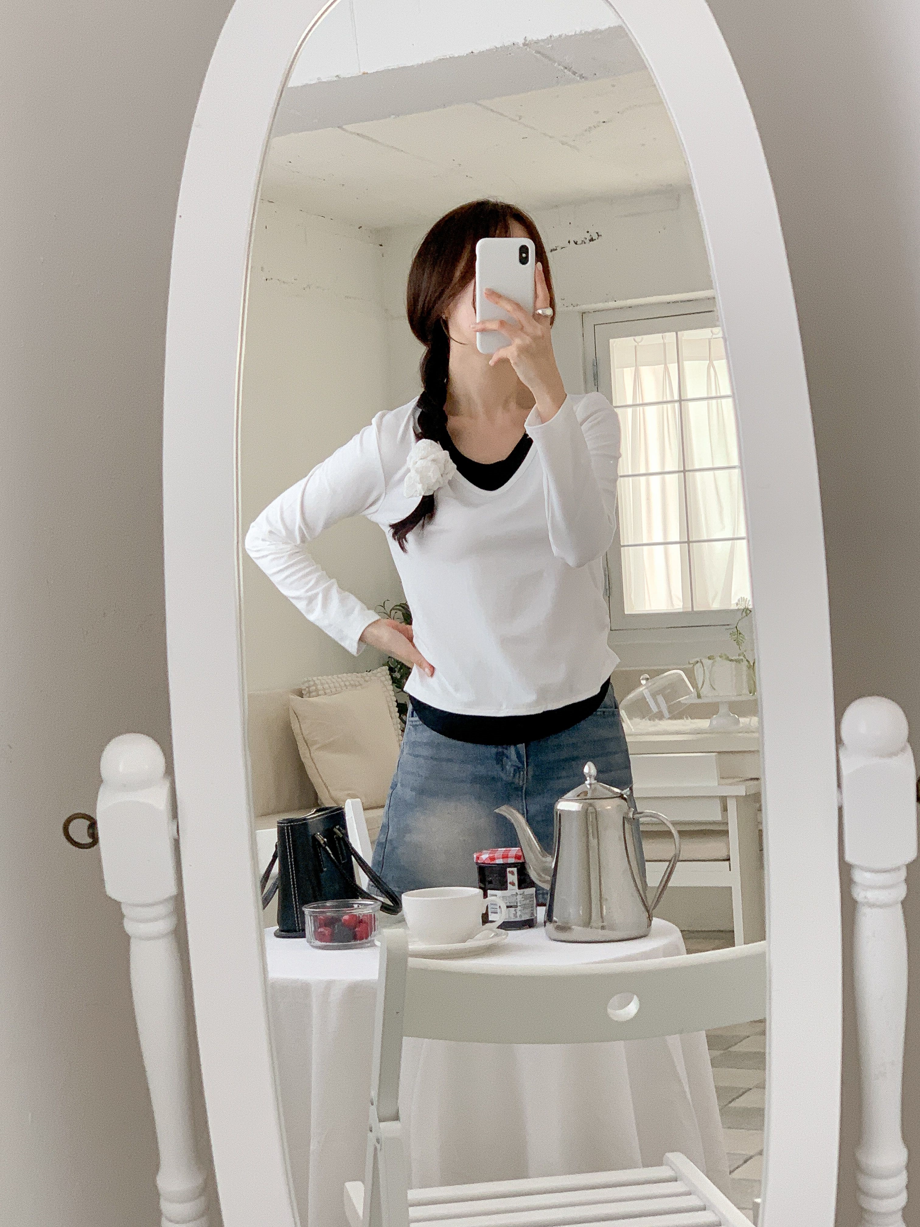 Uネックシャーリングレイヤード風長袖セミクロップド配色Tシャツ | 詳細画像4