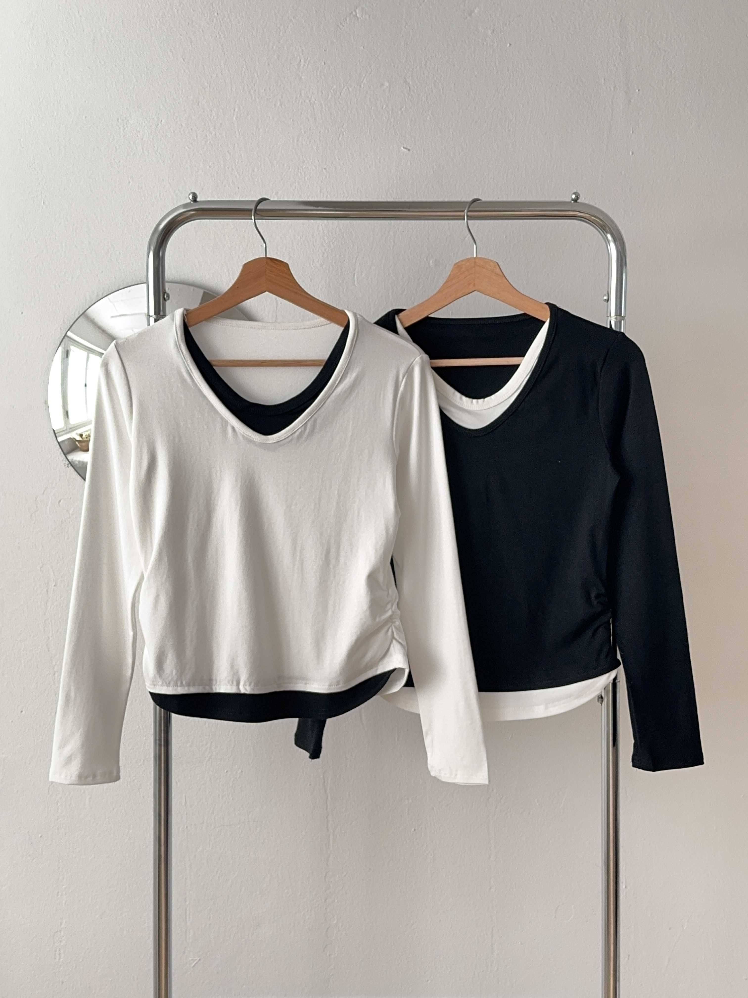 Uネックシャーリングレイヤード風長袖セミクロップド配色Tシャツ | 詳細画像21