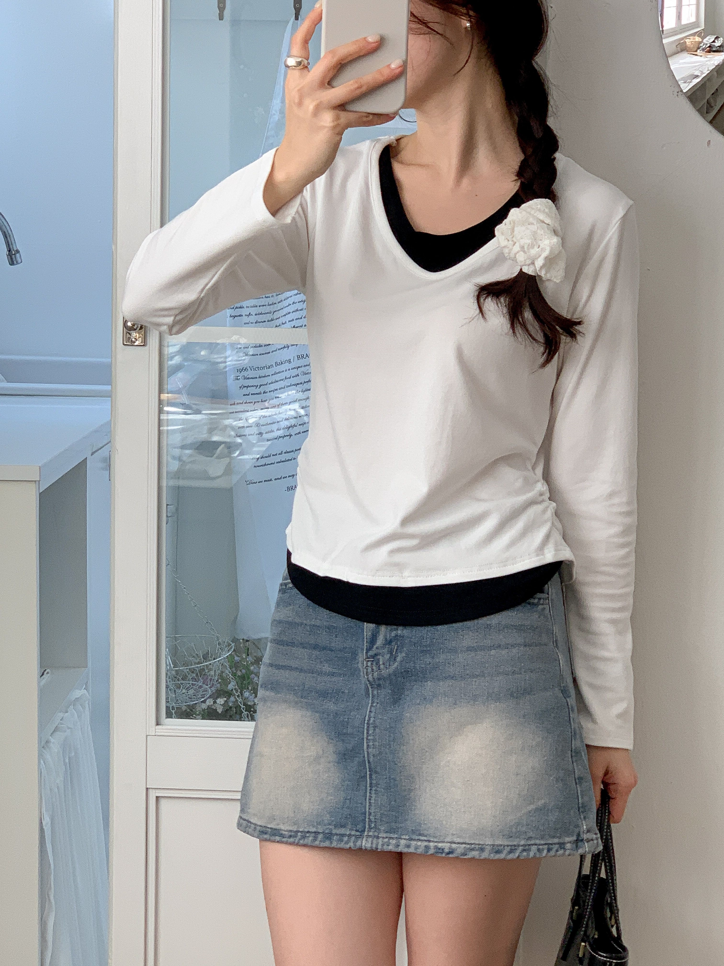 Uネックシャーリングレイヤード風長袖セミクロップド配色Tシャツ | 詳細画像6