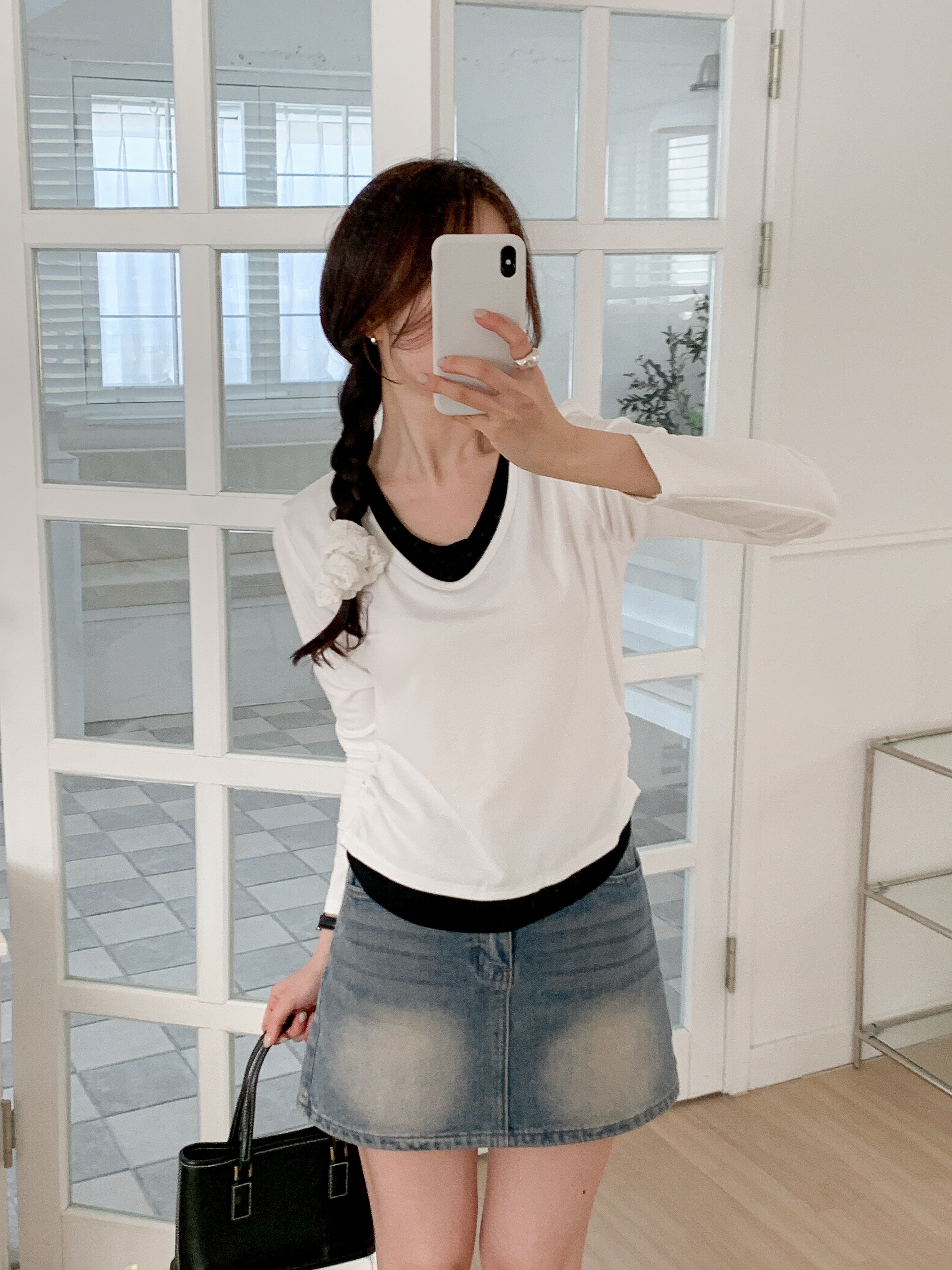 Uネックシャーリングレイヤード風長袖セミクロップド配色Tシャツ | 詳細画像10