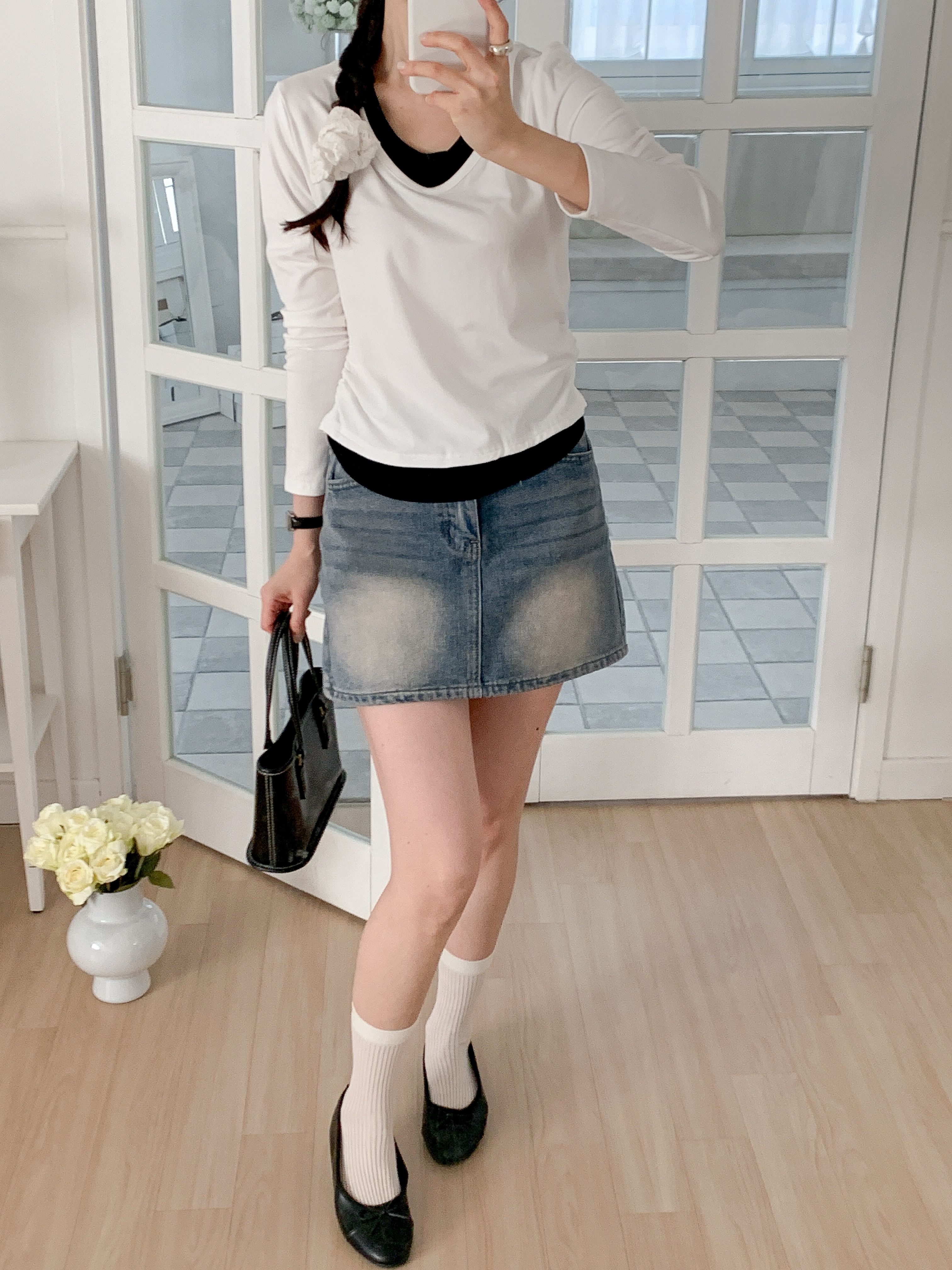 Uネックシャーリングレイヤード風長袖セミクロップド配色Tシャツ | 詳細画像14