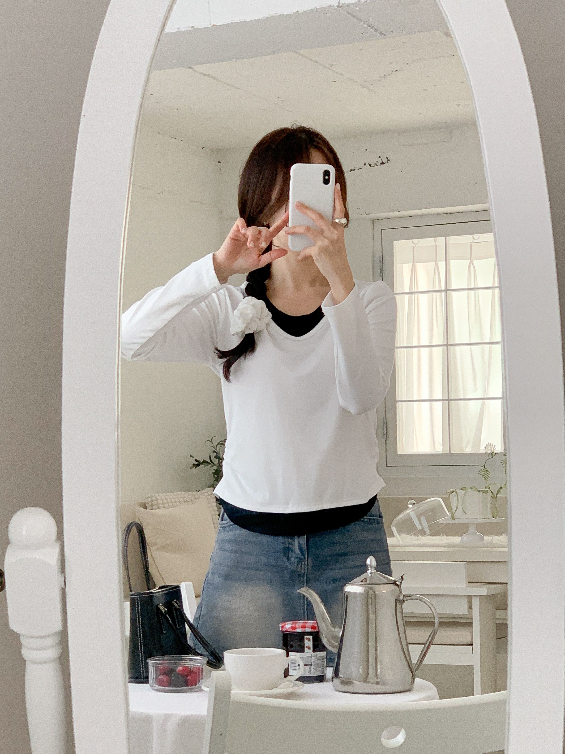 Uネックシャーリングレイヤード風長袖セミクロップド配色Tシャツ | 詳細画像15