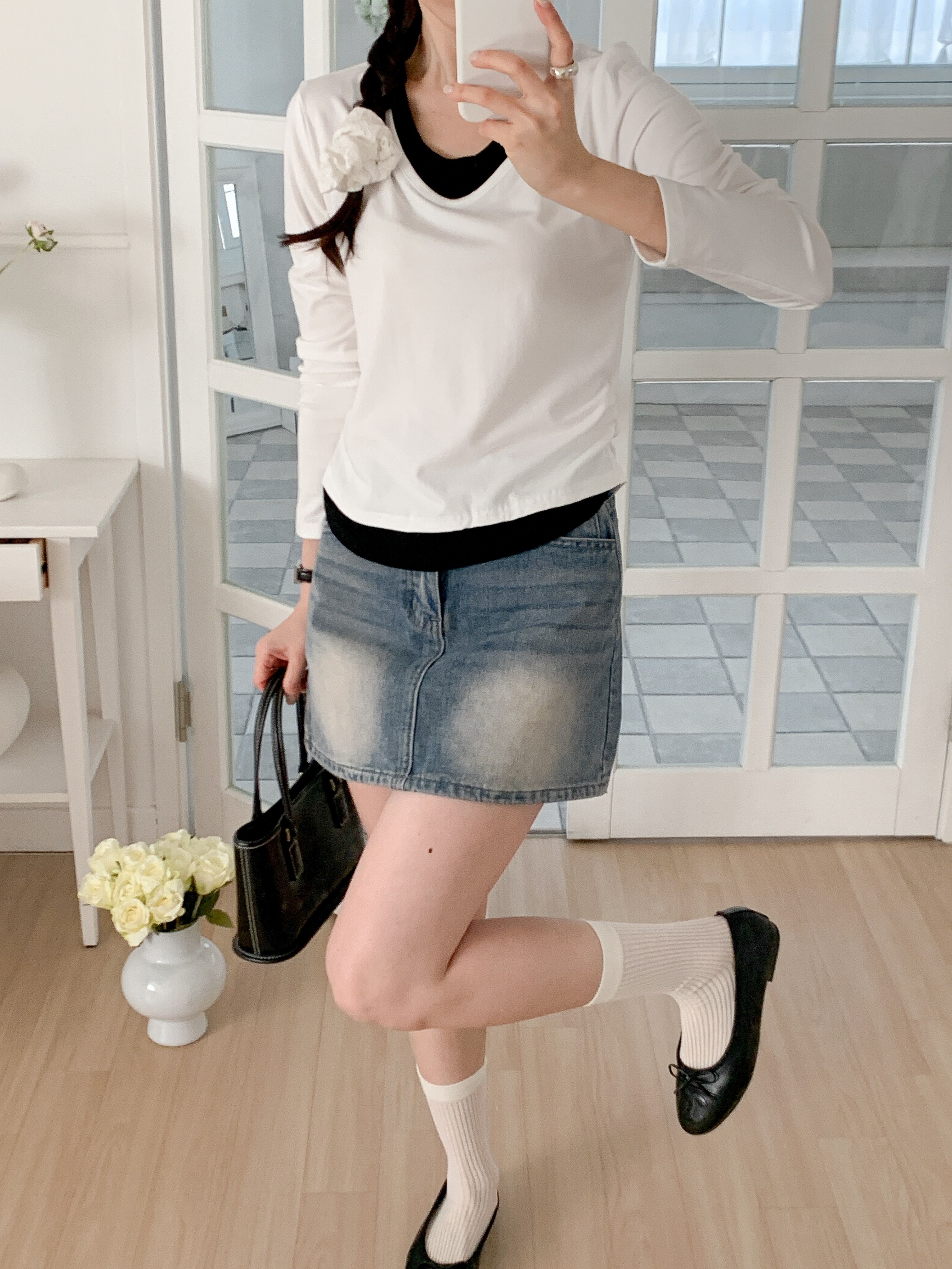 Uネックシャーリングレイヤード風長袖セミクロップド配色Tシャツ | 詳細画像16