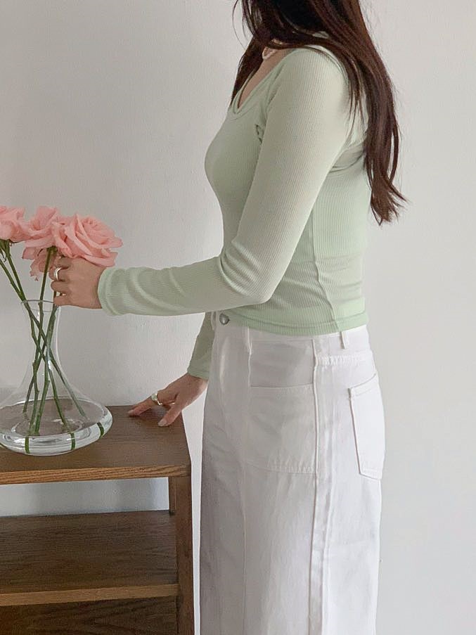 リブVネッククロップドスリム長袖無地Tシャツキャミソールアンサンブル | 詳細画像4