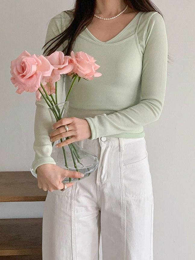 リブVネッククロップドスリム長袖無地Tシャツキャミソールアンサンブル | 詳細画像13