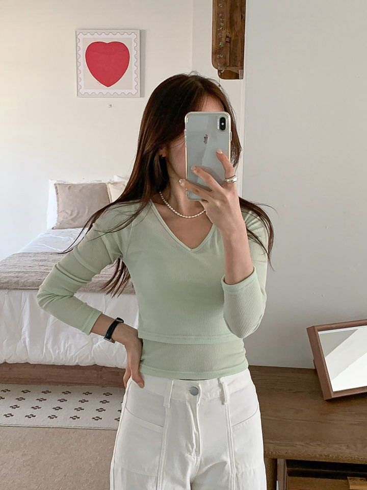 リブVネッククロップドスリム長袖無地Tシャツキャミソールアンサンブル | 詳細画像14