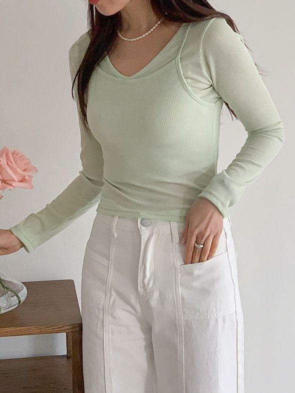 リブVネッククロップドスリム長袖無地Tシャツキャミソールアンサンブル | 詳細画像17