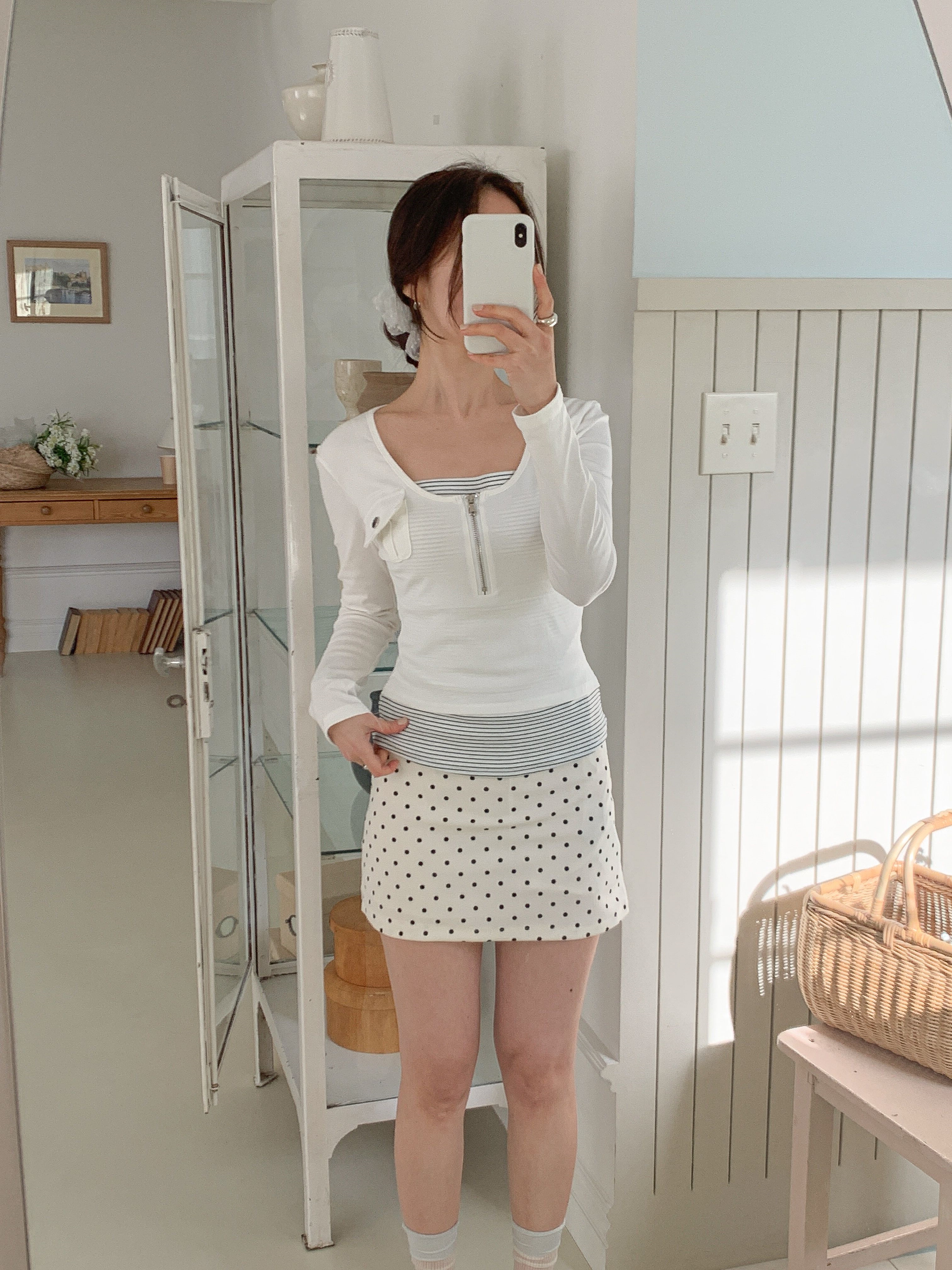 Uネックハーフジップスリムレイヤード風長袖ワンポケットスナップボタン無地Tシャツ | 詳細画像7