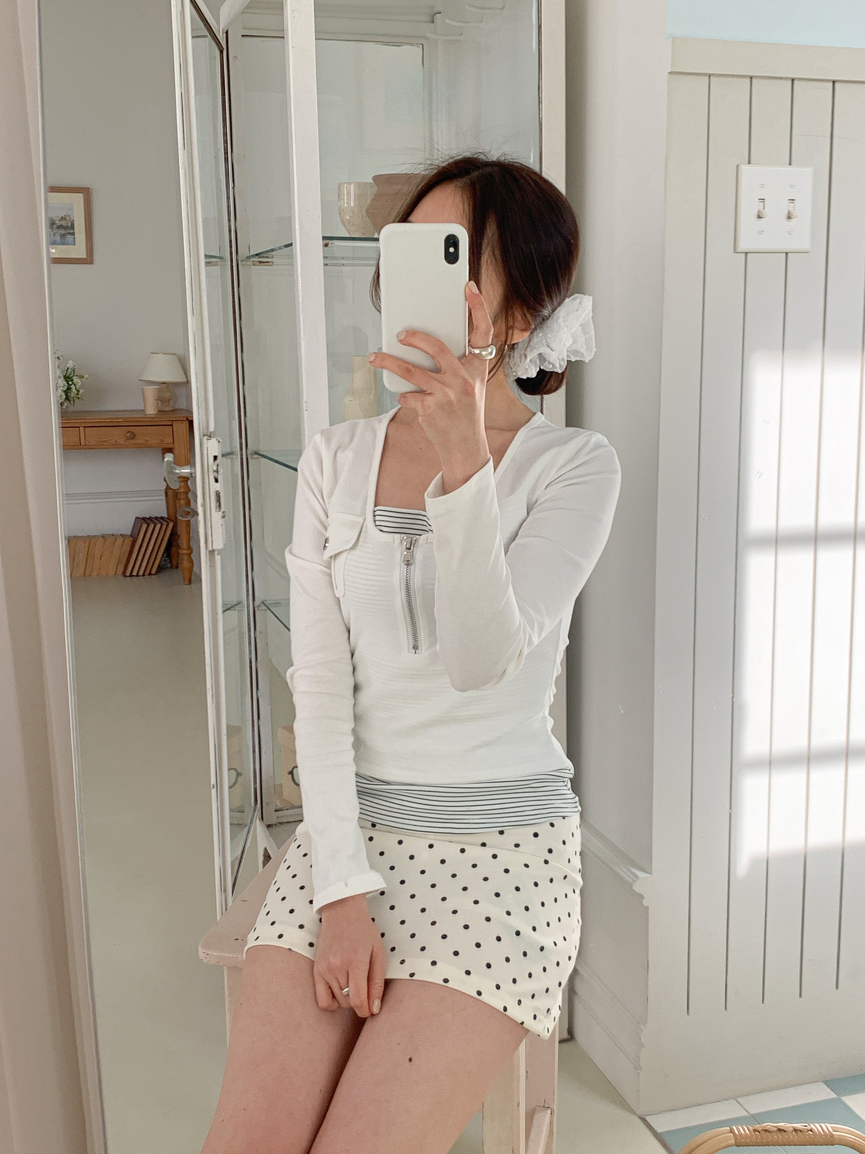 Uネックハーフジップスリムレイヤード風長袖ワンポケットスナップボタン無地Tシャツ | 詳細画像19