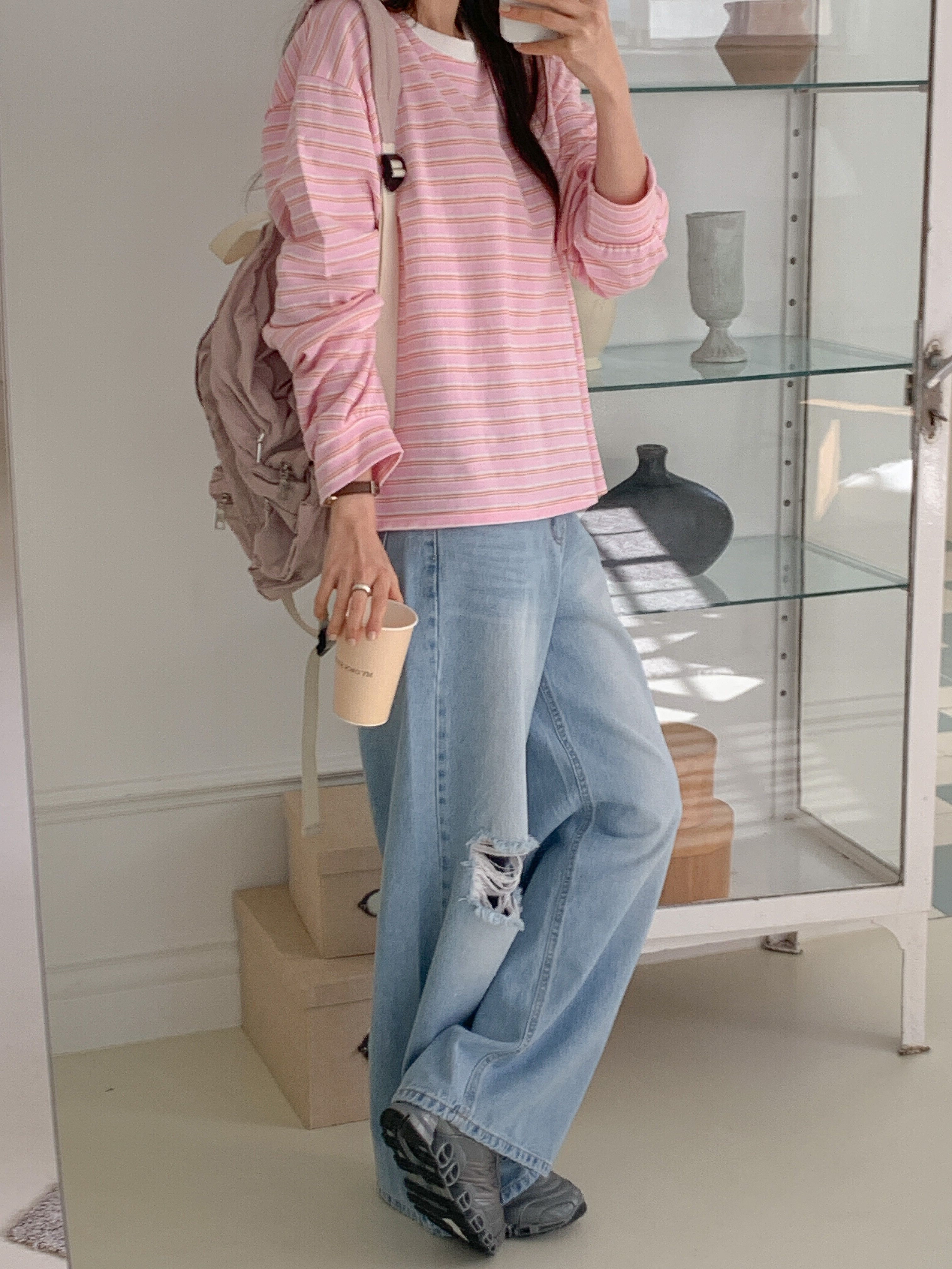 コットンラウンドネックルーズ長袖ボーダースウェット | 詳細画像4