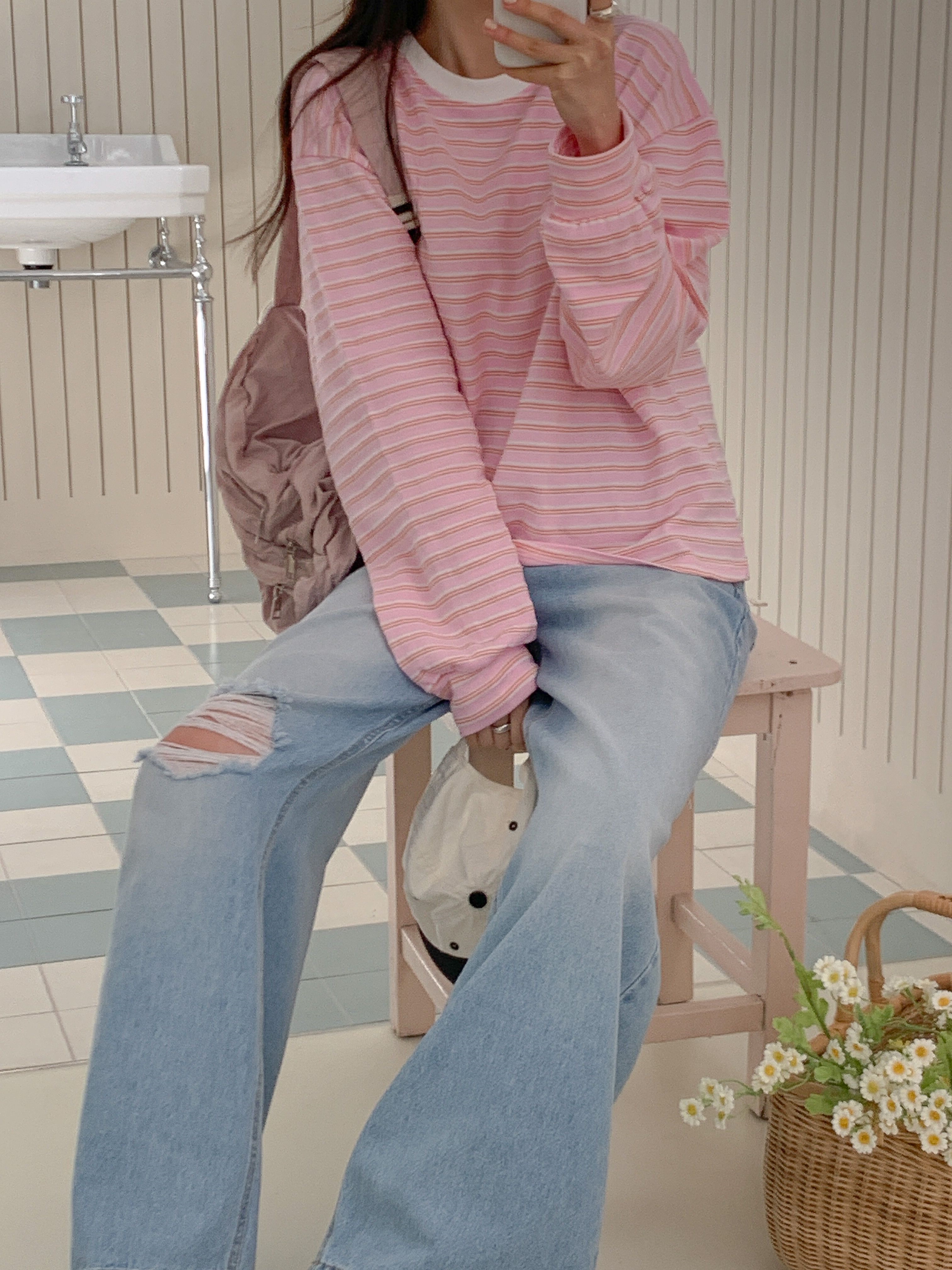 コットンラウンドネックルーズ長袖ボーダースウェット | 詳細画像5