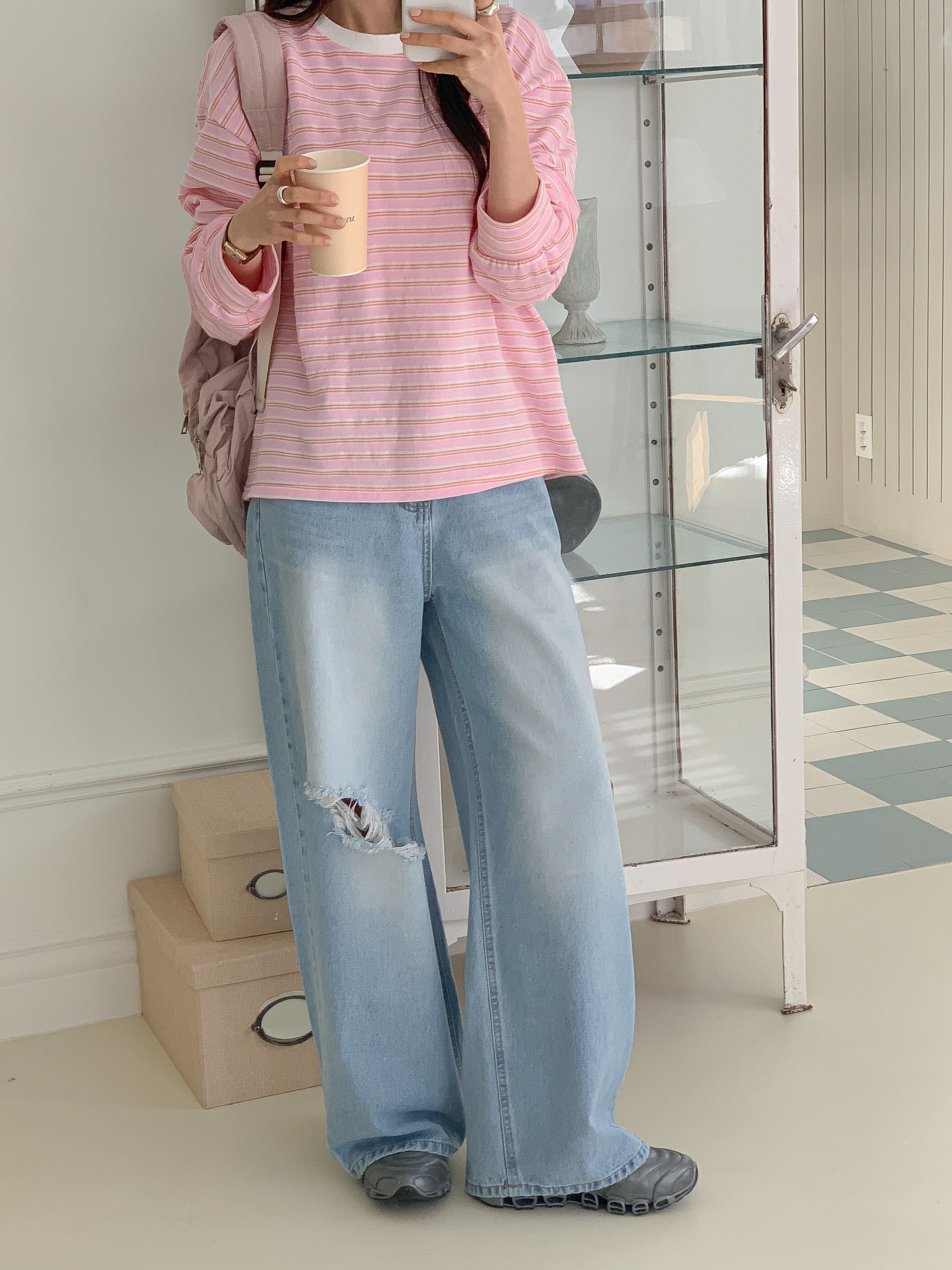 コットンラウンドネックルーズ長袖ボーダースウェット | 詳細画像6