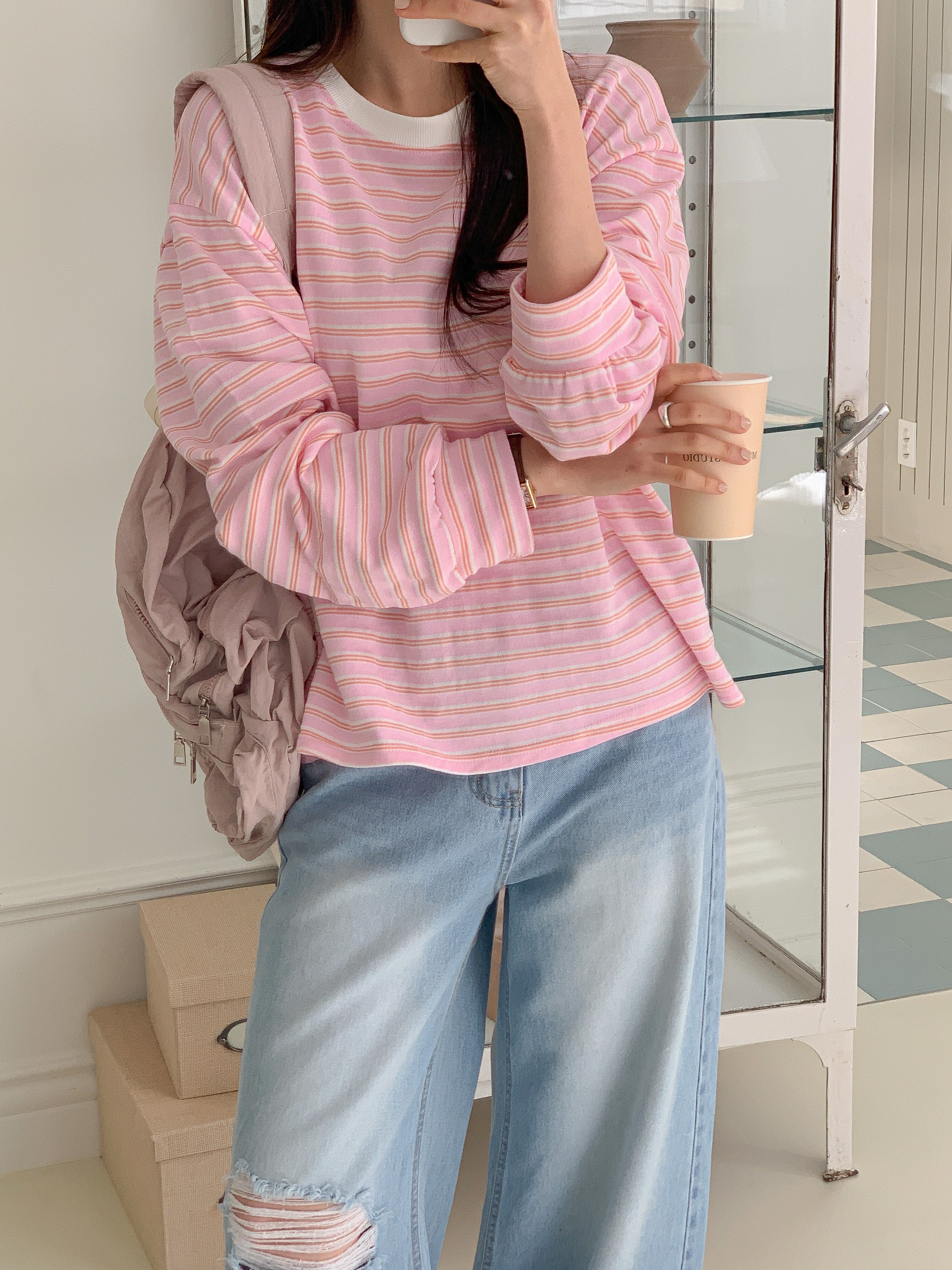 コットンラウンドネックルーズ長袖ボーダースウェット | 詳細画像9