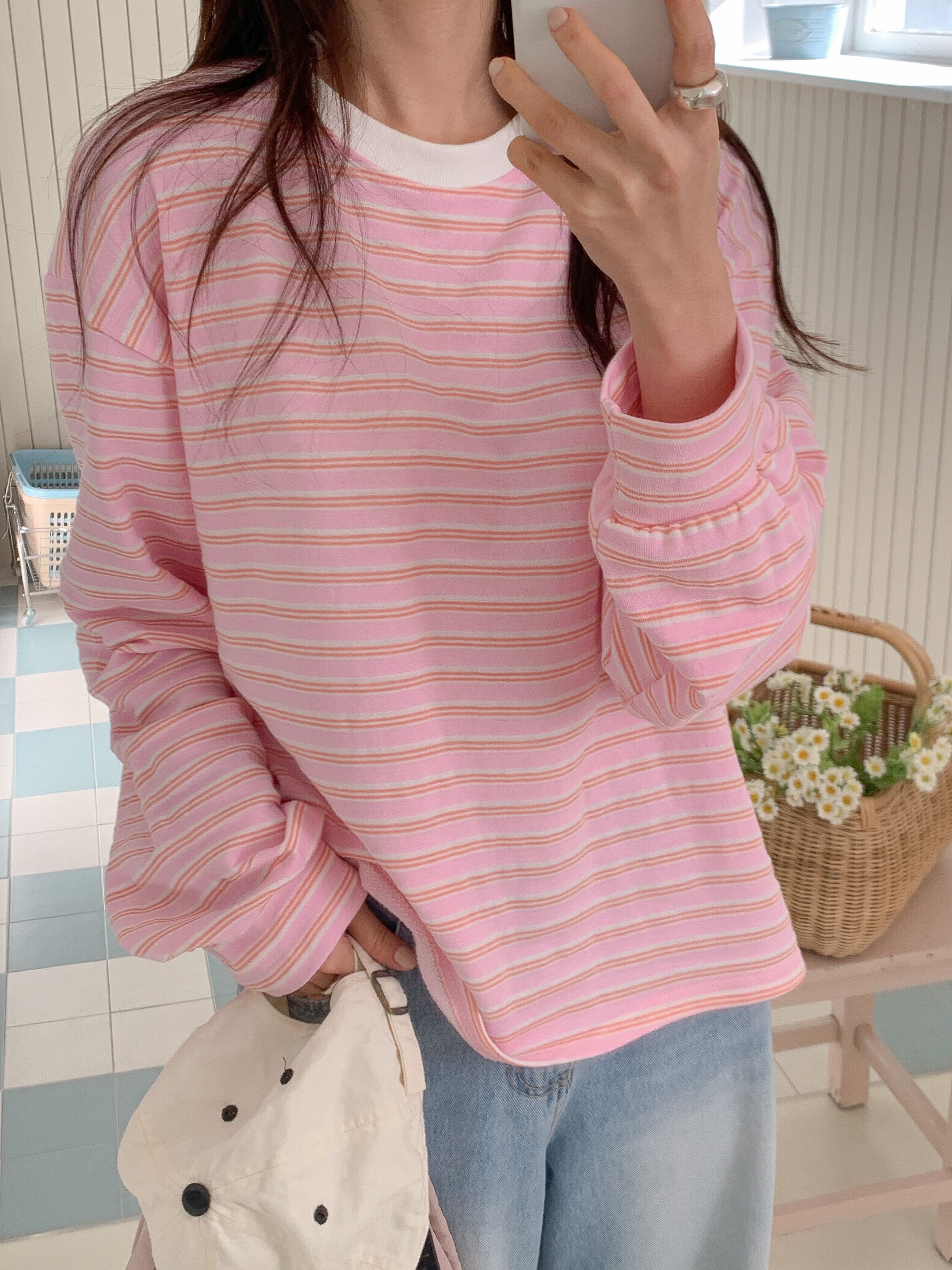 コットンラウンドネックルーズ長袖ボーダースウェット | 詳細画像16