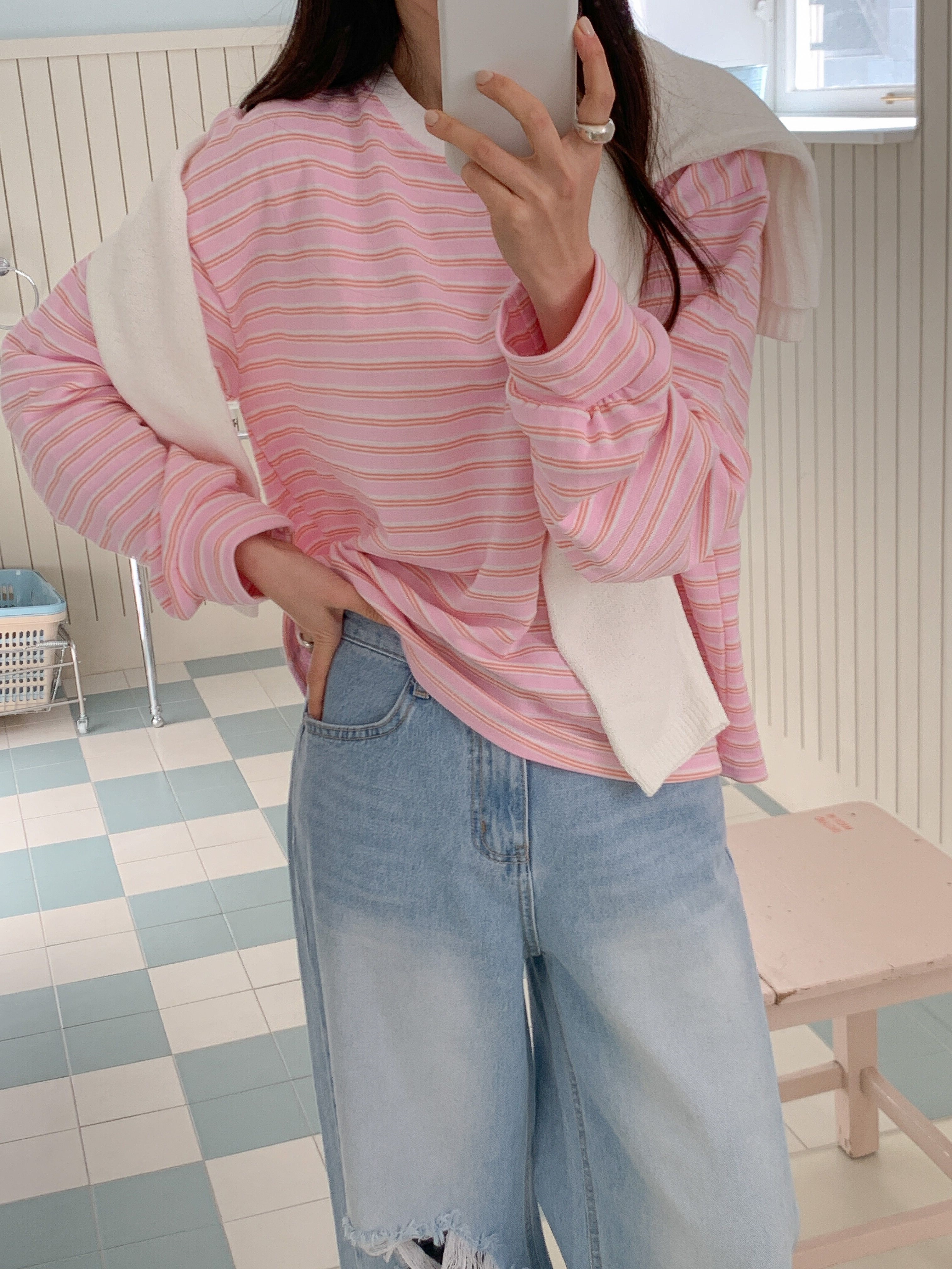 コットンラウンドネックルーズ長袖ボーダースウェット | 詳細画像17