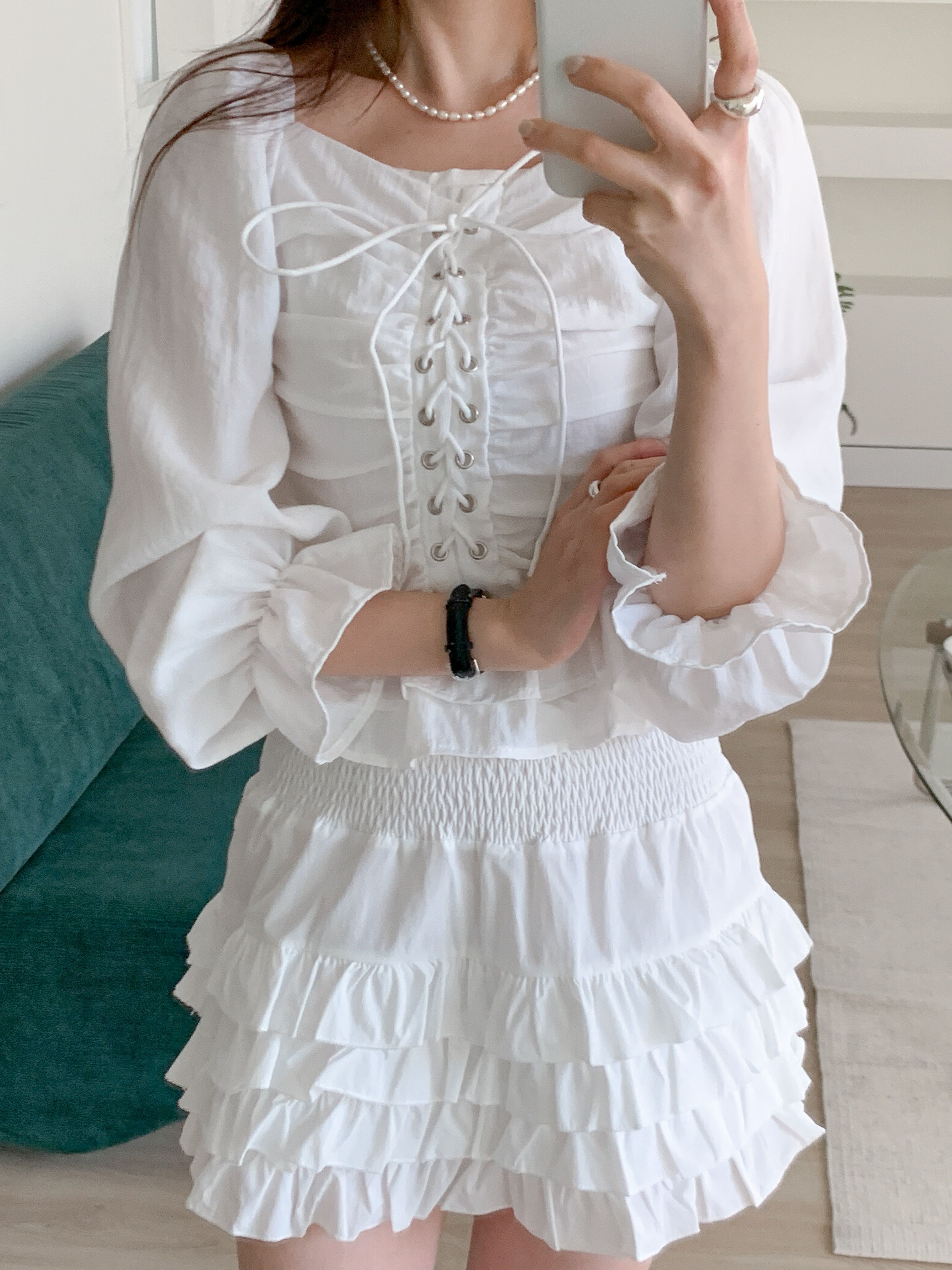 コットンスクエアネックシャーリングドローストリングパフスリーブクロップド長袖フレア無地ブラウス | 詳細画像2