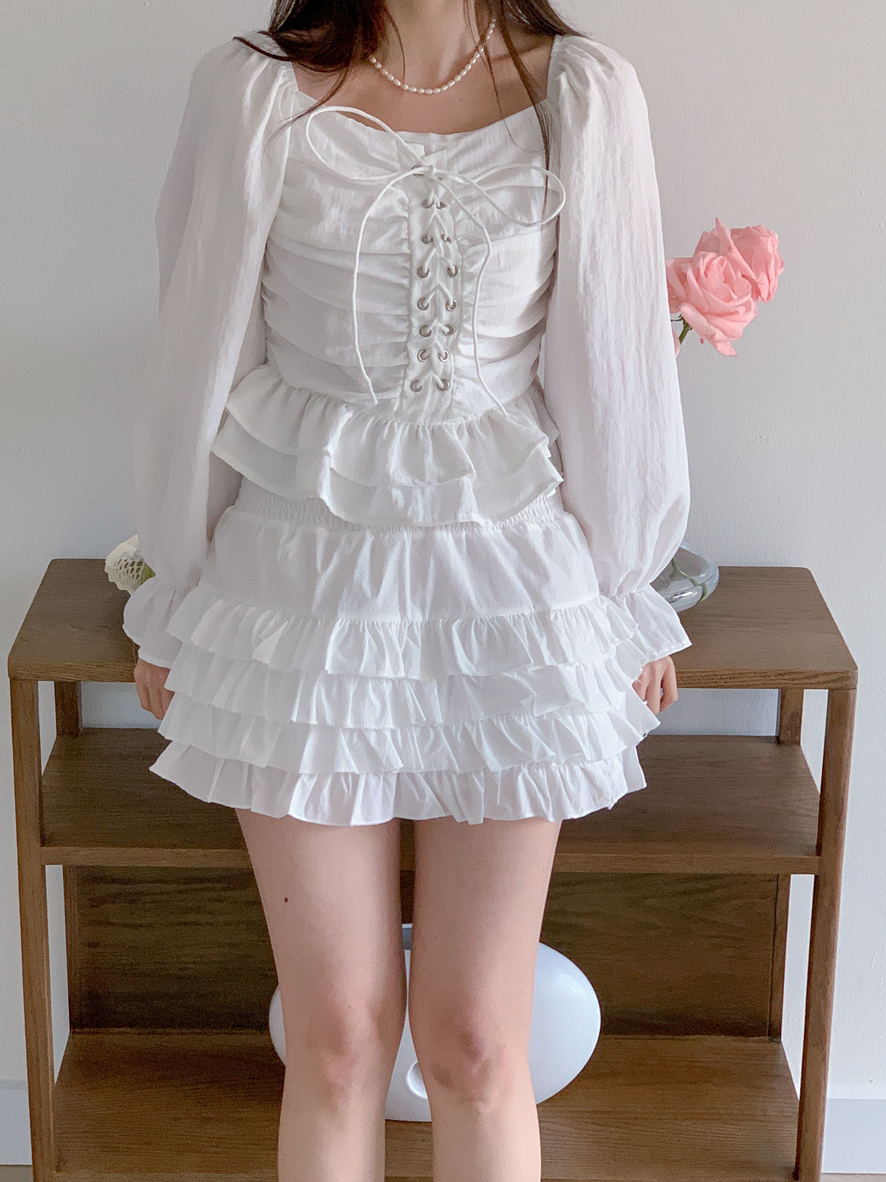 コットンスクエアネックシャーリングドローストリングパフスリーブクロップド長袖フレア無地ブラウス | 詳細画像3