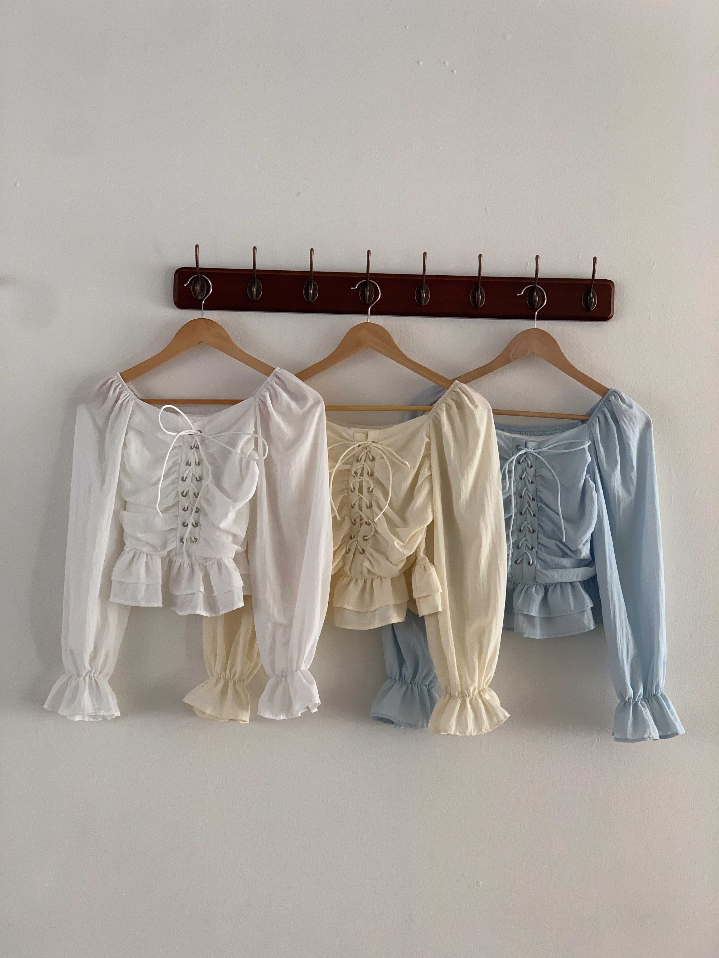 コットンスクエアネックシャーリングドローストリングパフスリーブクロップド長袖フレア無地ブラウス | 詳細画像22