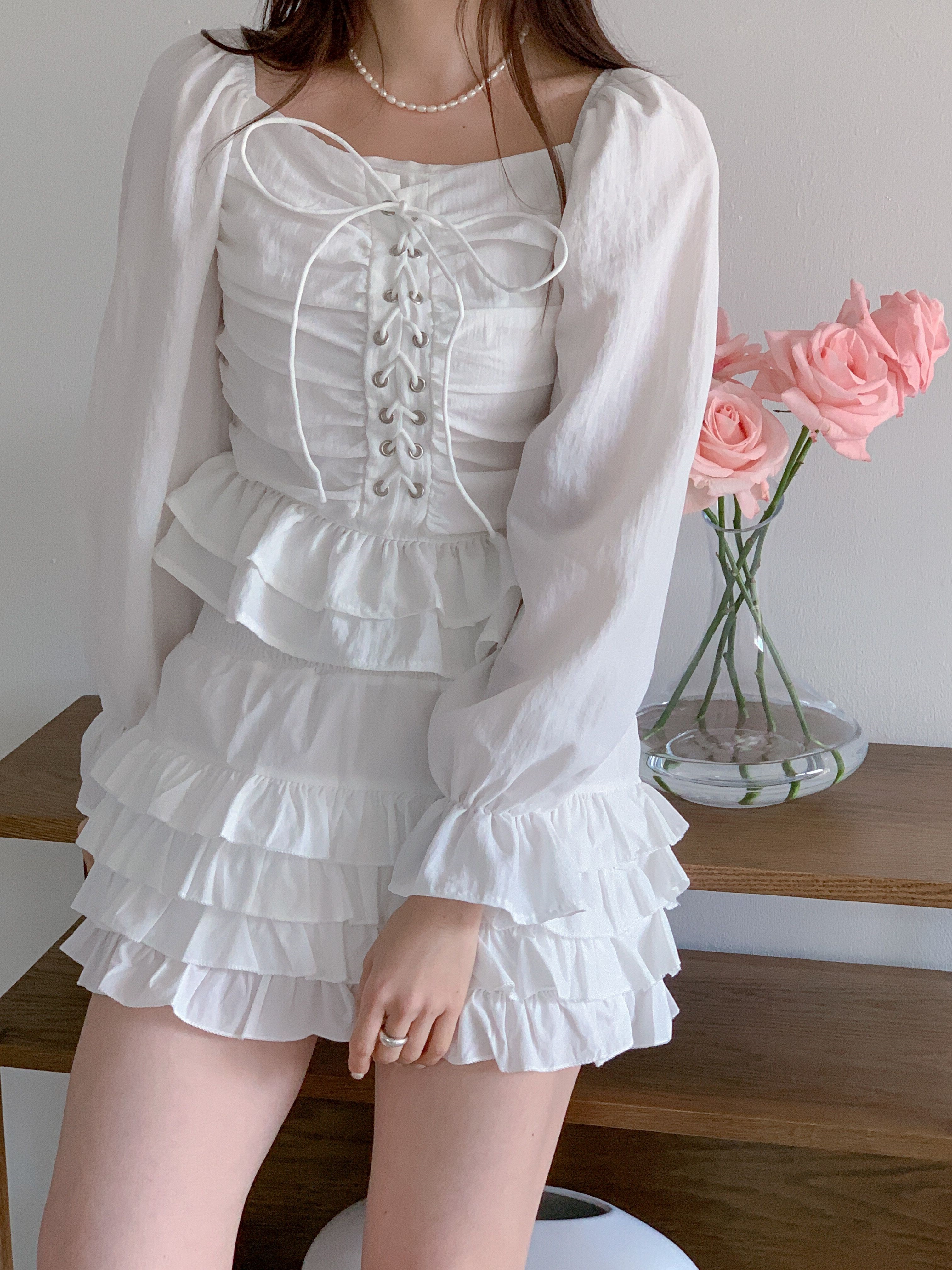 コットンスクエアネックシャーリングドローストリングパフスリーブクロップド長袖フレア無地ブラウス | 詳細画像4