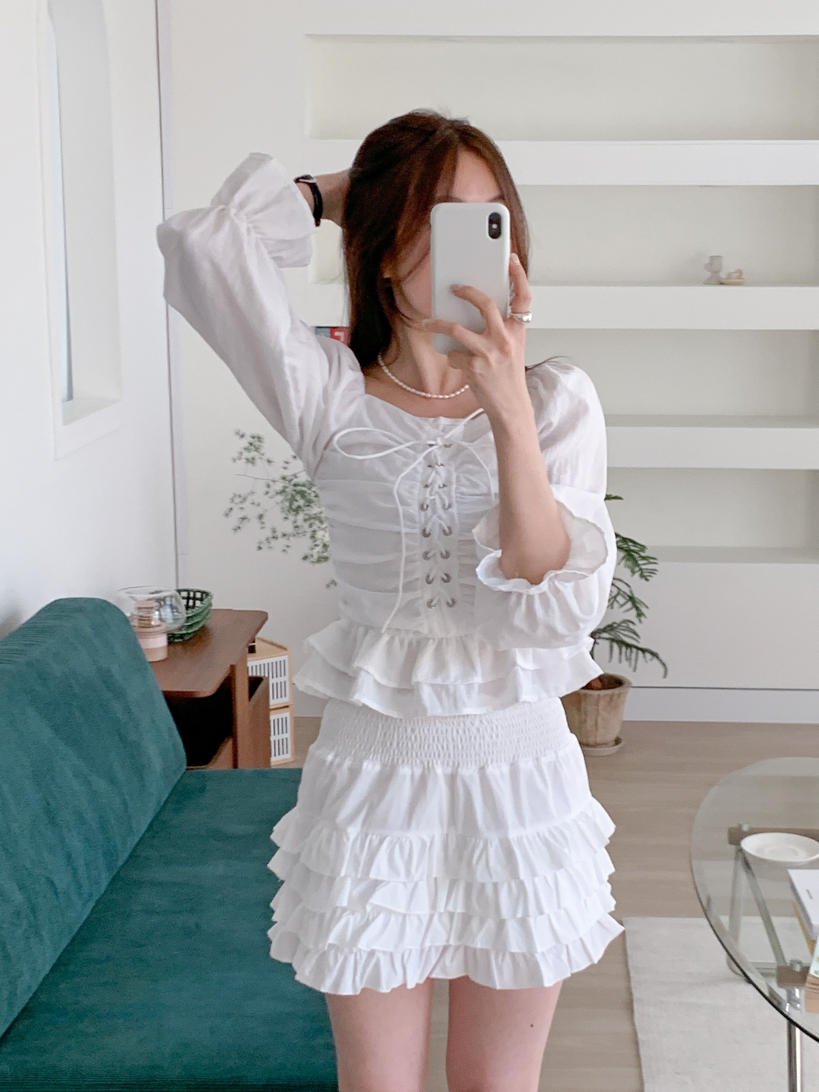 コットンスクエアネックシャーリングドローストリングパフスリーブクロップド長袖フレア無地ブラウス | 詳細画像7