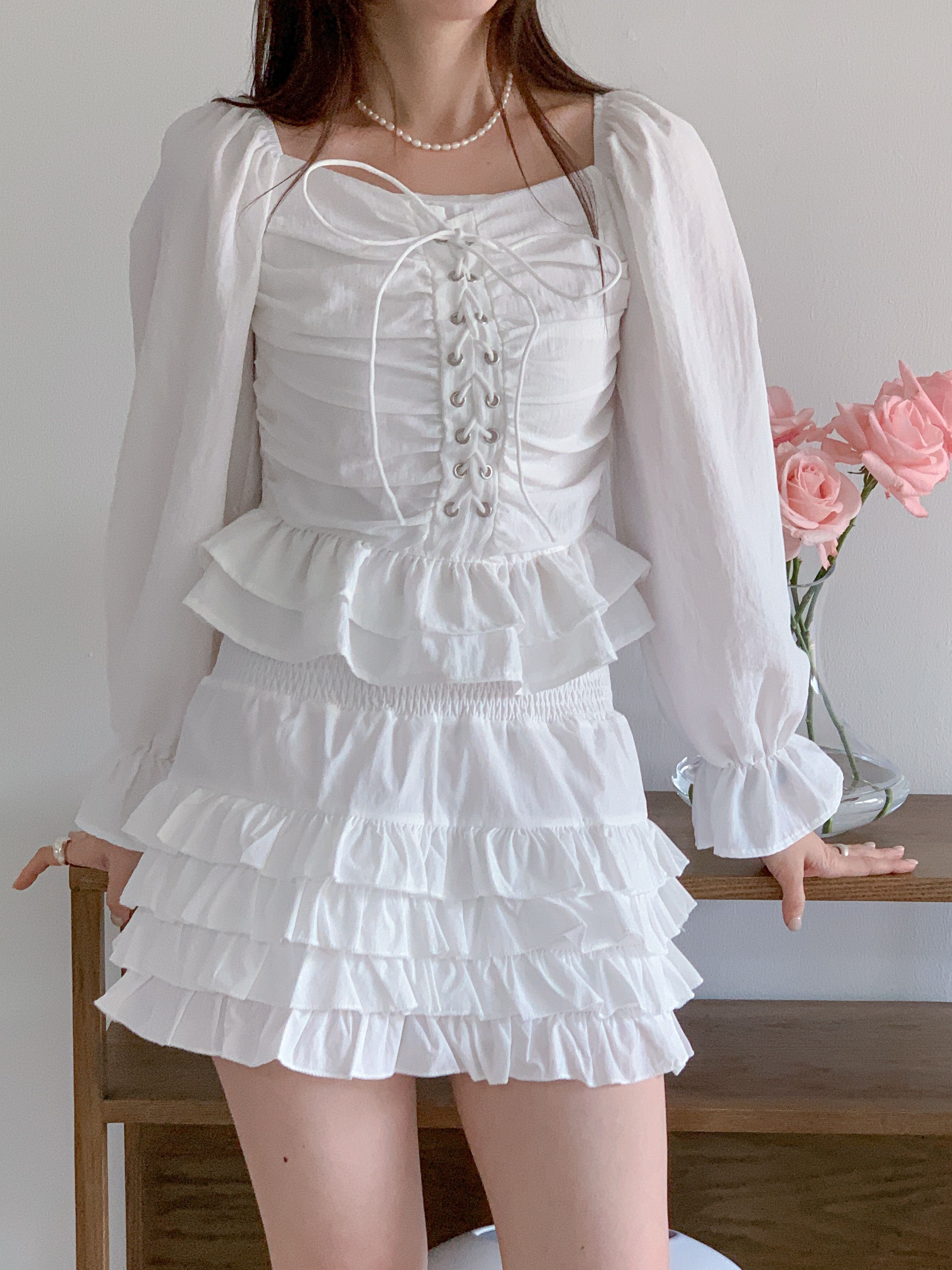 コットンスクエアネックシャーリングドローストリングパフスリーブクロップド長袖フレア無地ブラウス | 詳細画像9