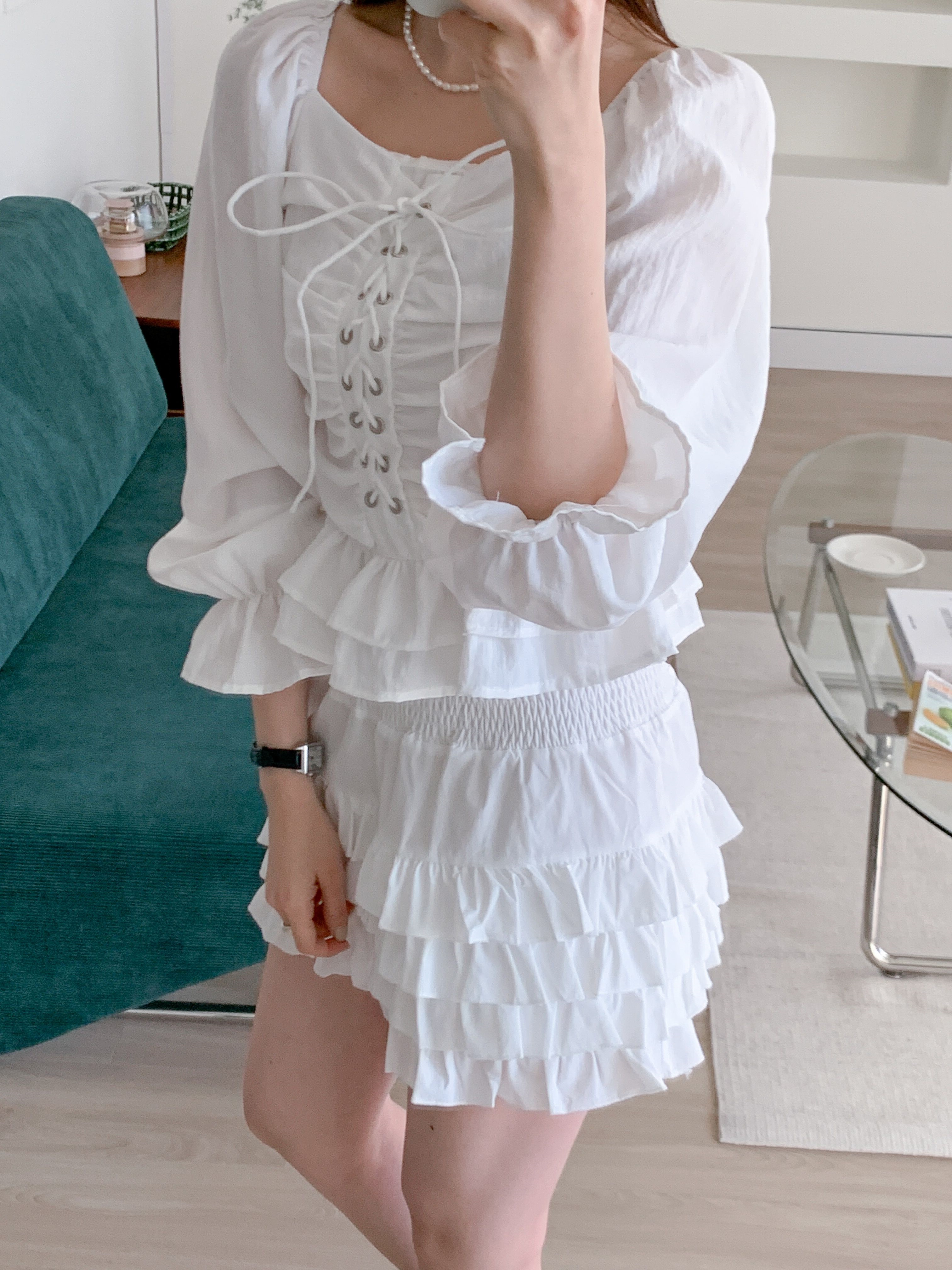 コットンスクエアネックシャーリングドローストリングパフスリーブクロップド長袖フレア無地ブラウス | 詳細画像11