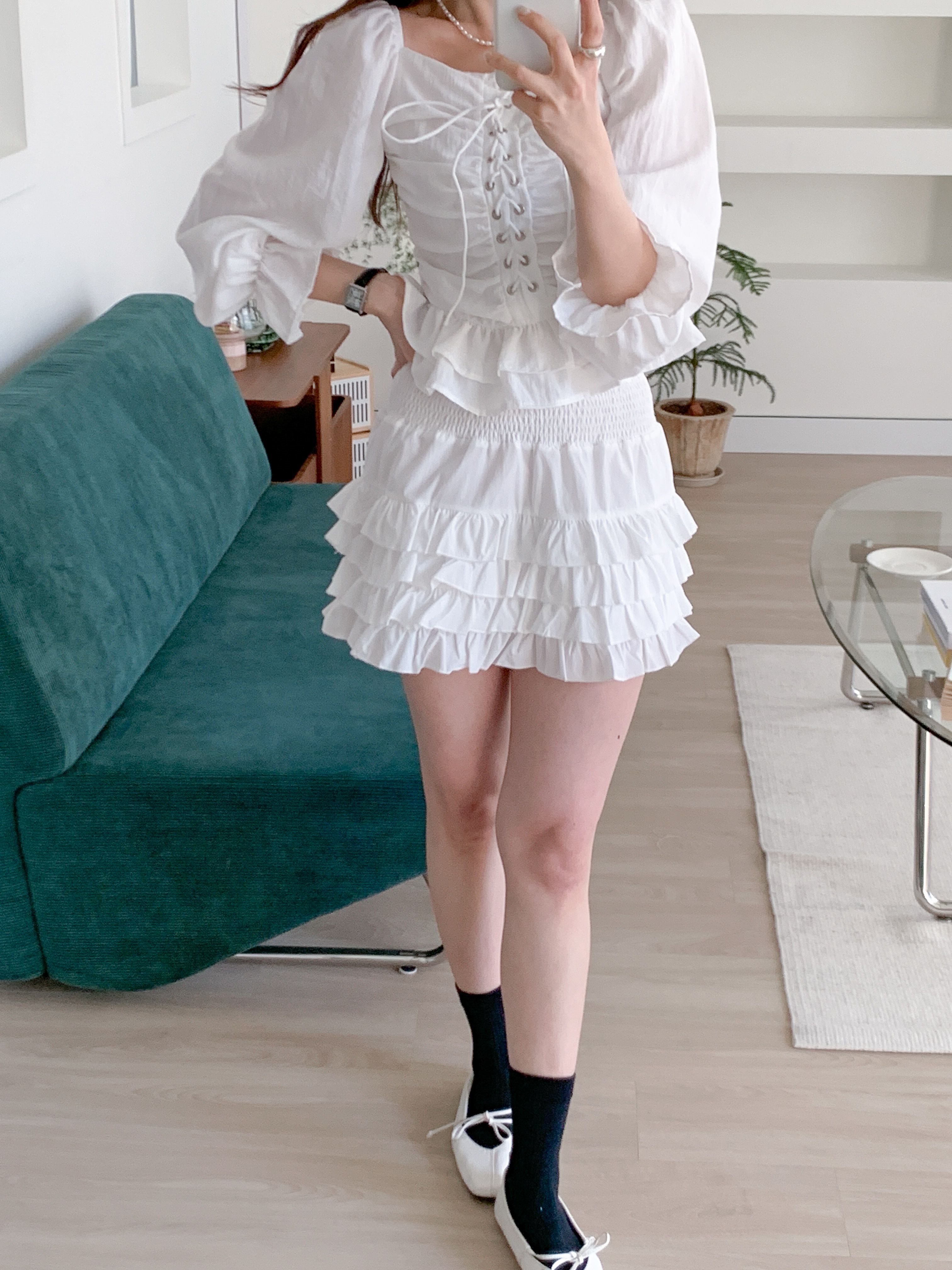 コットンスクエアネックシャーリングドローストリングパフスリーブクロップド長袖フレア無地ブラウス | 詳細画像13