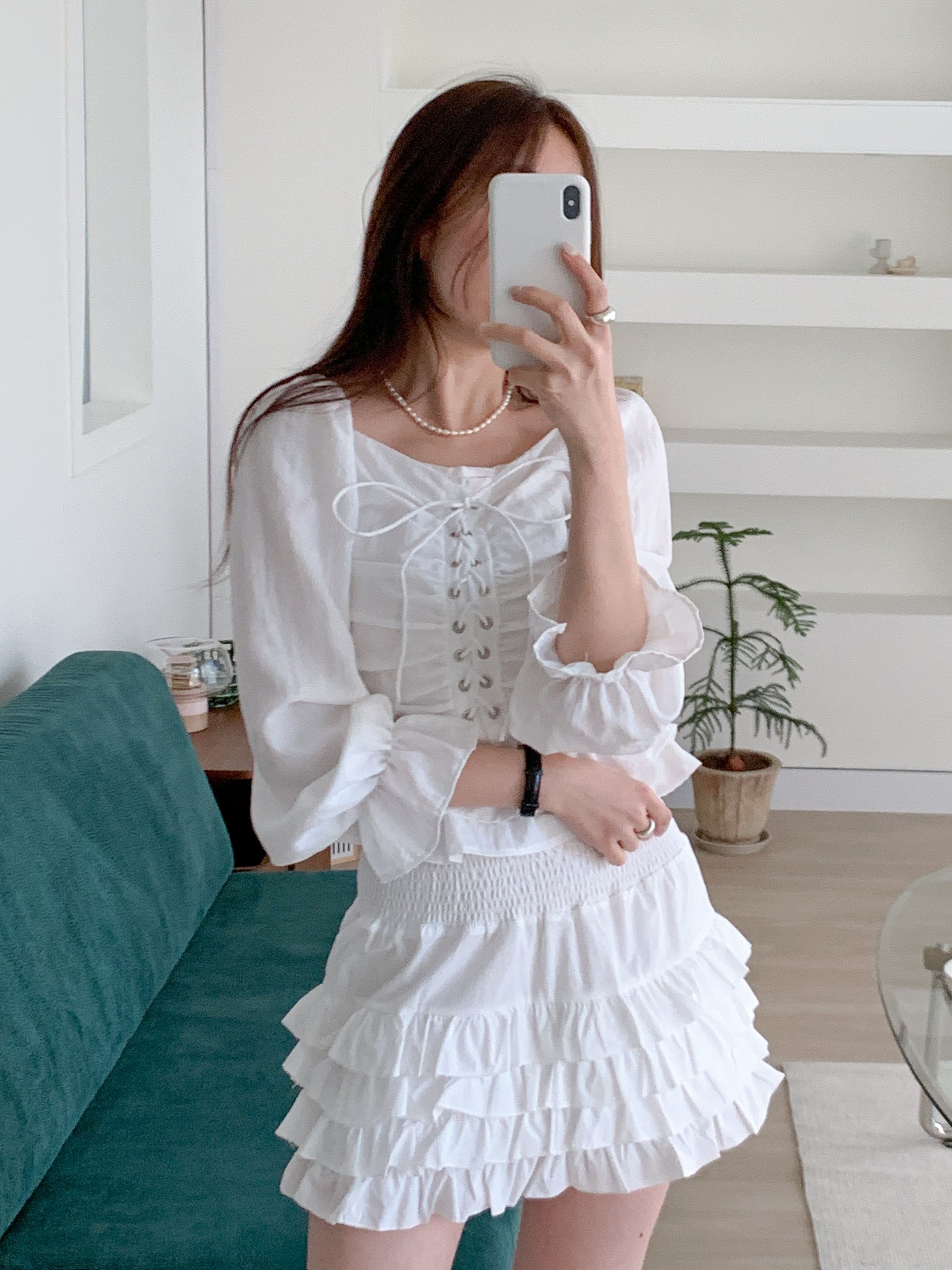 コットンスクエアネックシャーリングドローストリングパフスリーブクロップド長袖フレア無地ブラウス | 詳細画像14